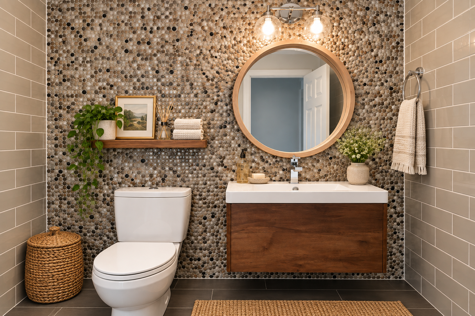 Modern bathroom with pebble mosaic wall, white toilet, wooden vanity with white sink, round mirror, and decorative elements like plants, framed art, towels, soap, and wicker basket.