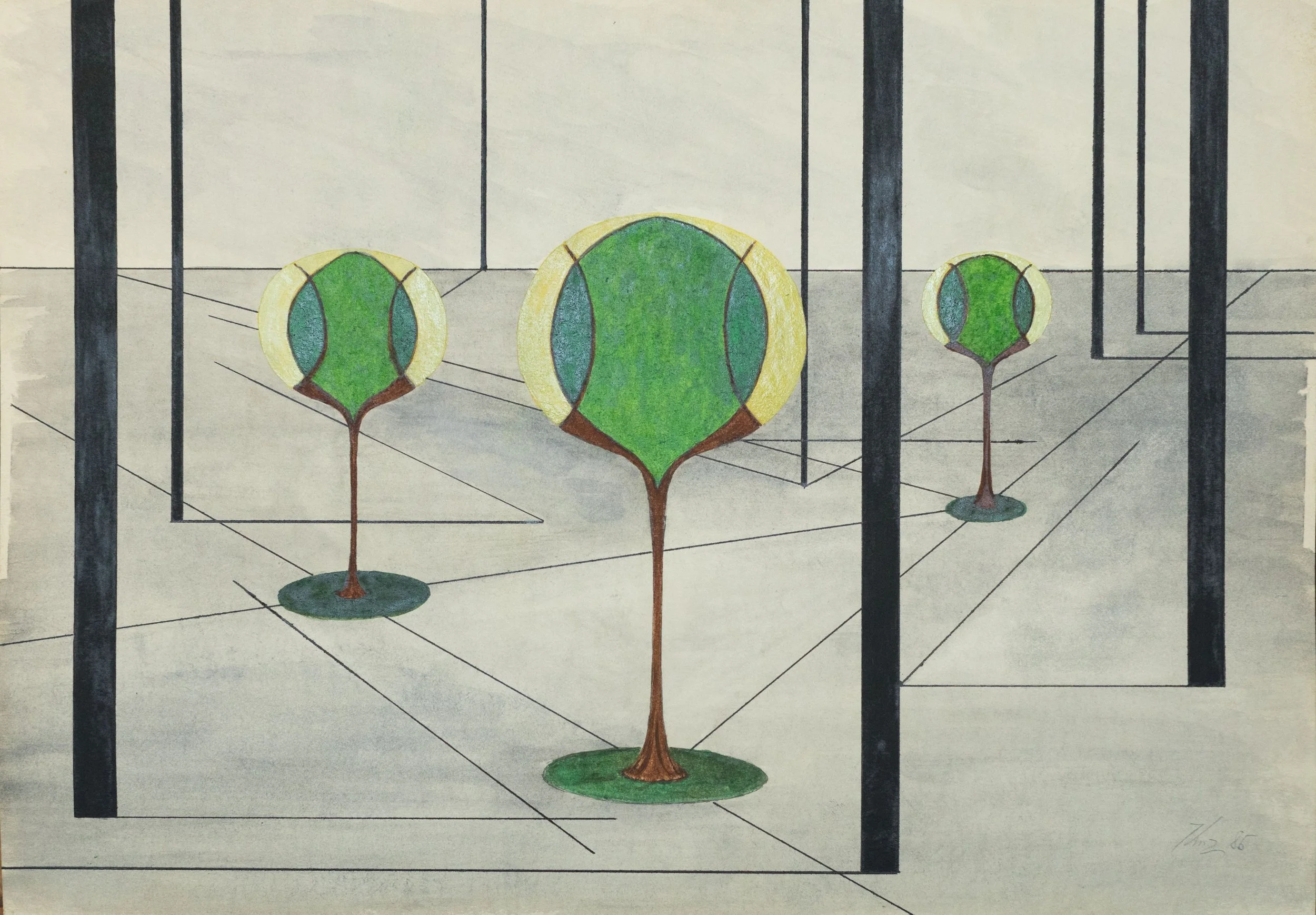 Urban Trees, 1980s, 16.5” x 12”, Pastel & pencil on paper