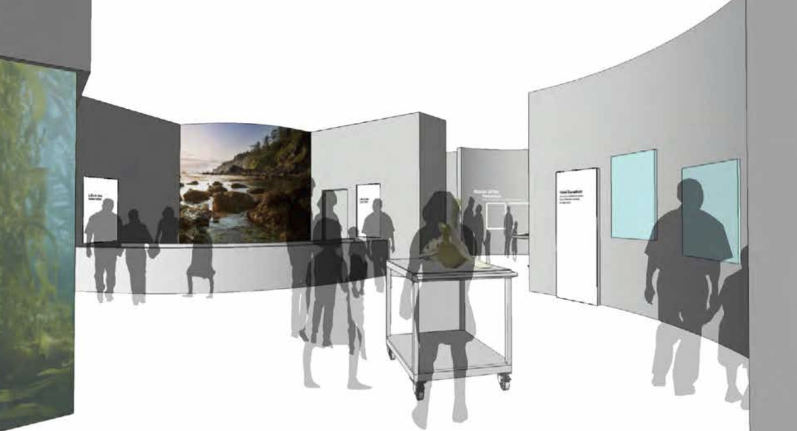 Digital rendering of an art gallery with visitors, featuring nature photographs and informational displays.