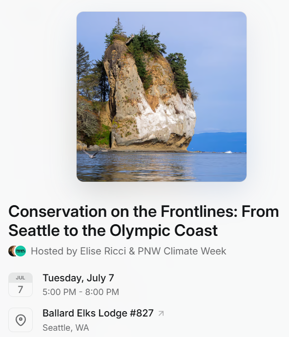 image of sea cliff next to water with text time and date for event