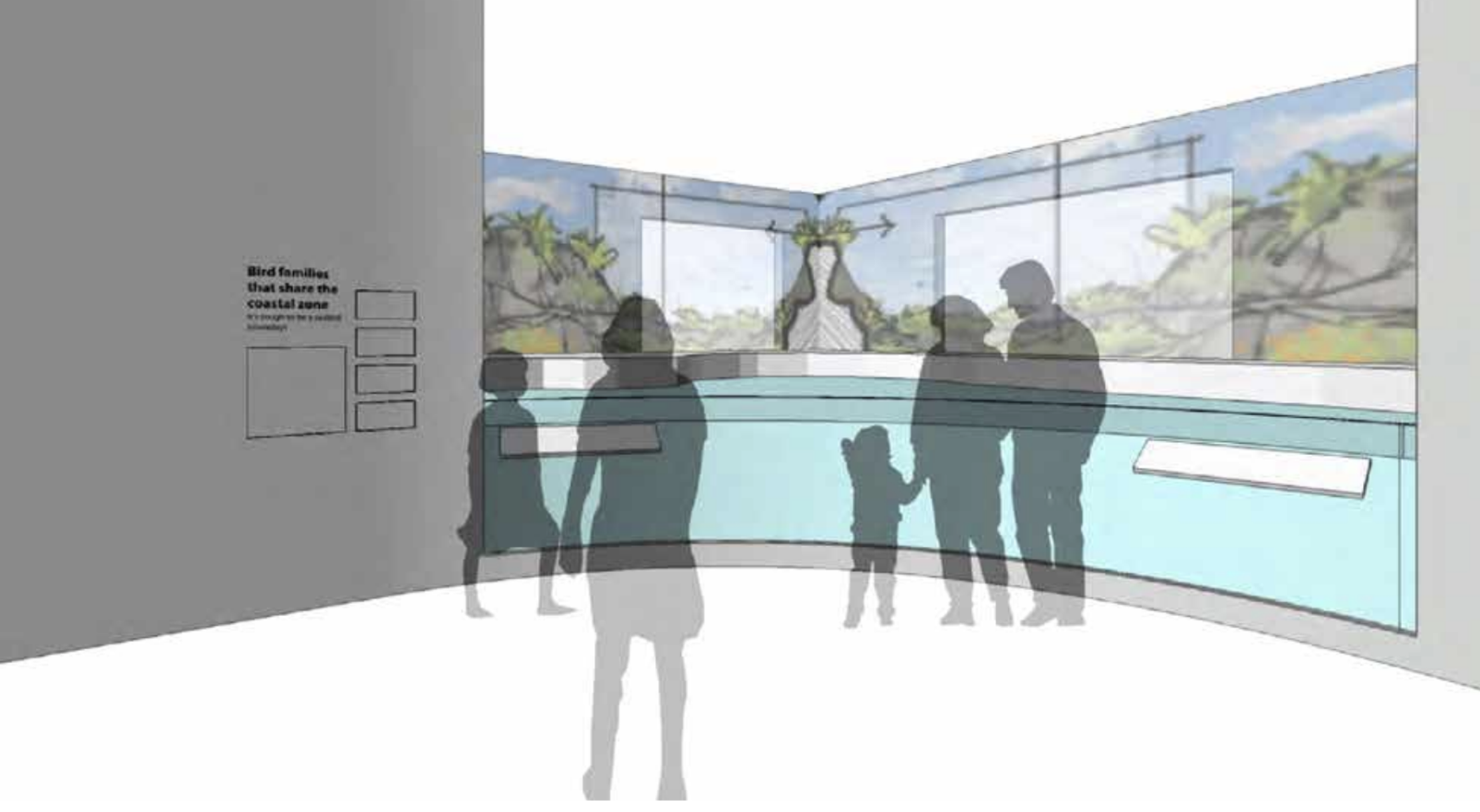 An illustrated scene of a bird exhibit with a large glass enclosure, featuring bird families sharing the coastal zone, with silhouettes of people observing the display inside the exhibit.