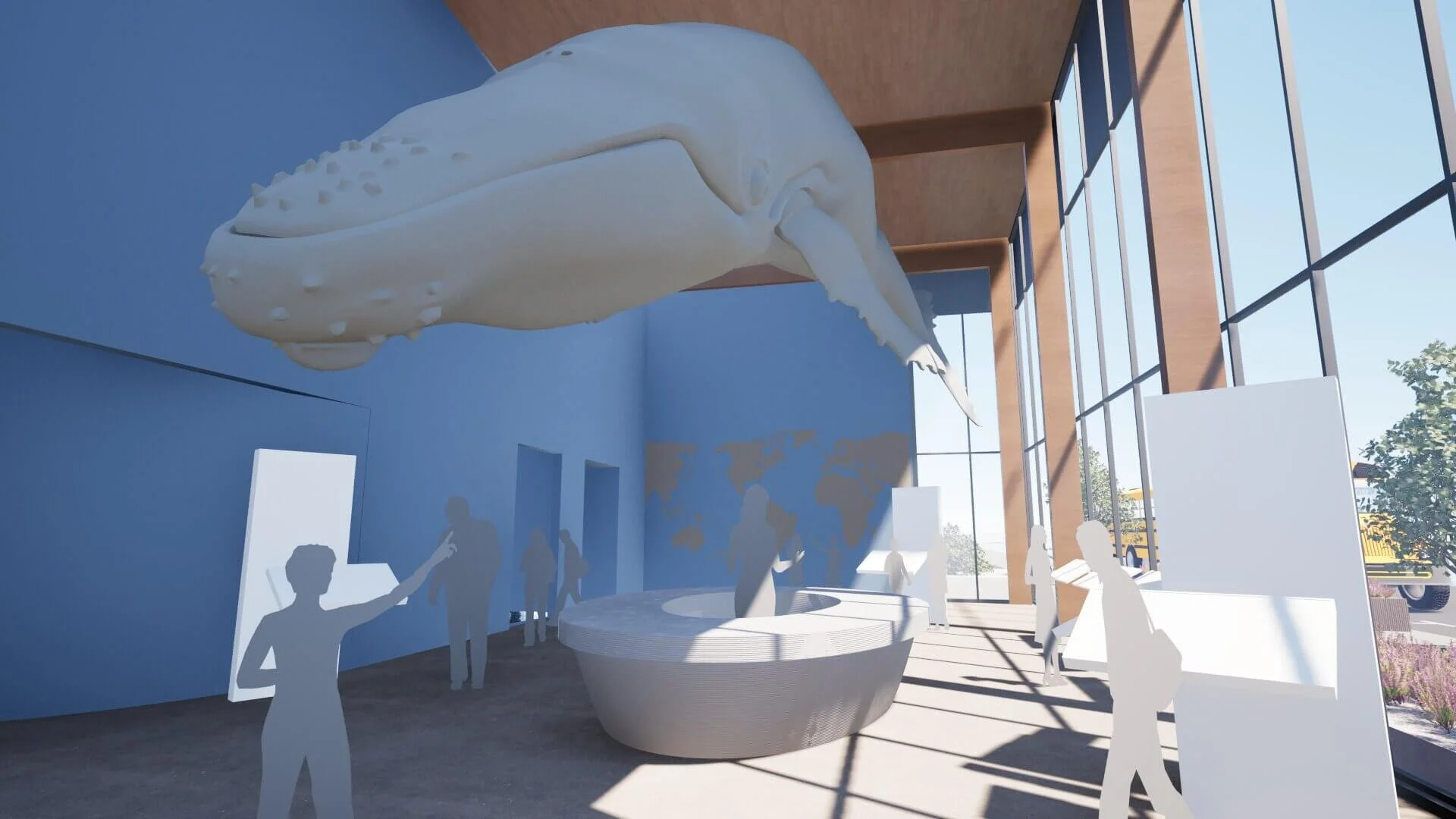 A digital rendering of an indoor museum exhibit with a large whale model hanging from the ceiling and people silhouette figures observing as sunlight streams through large windows.
