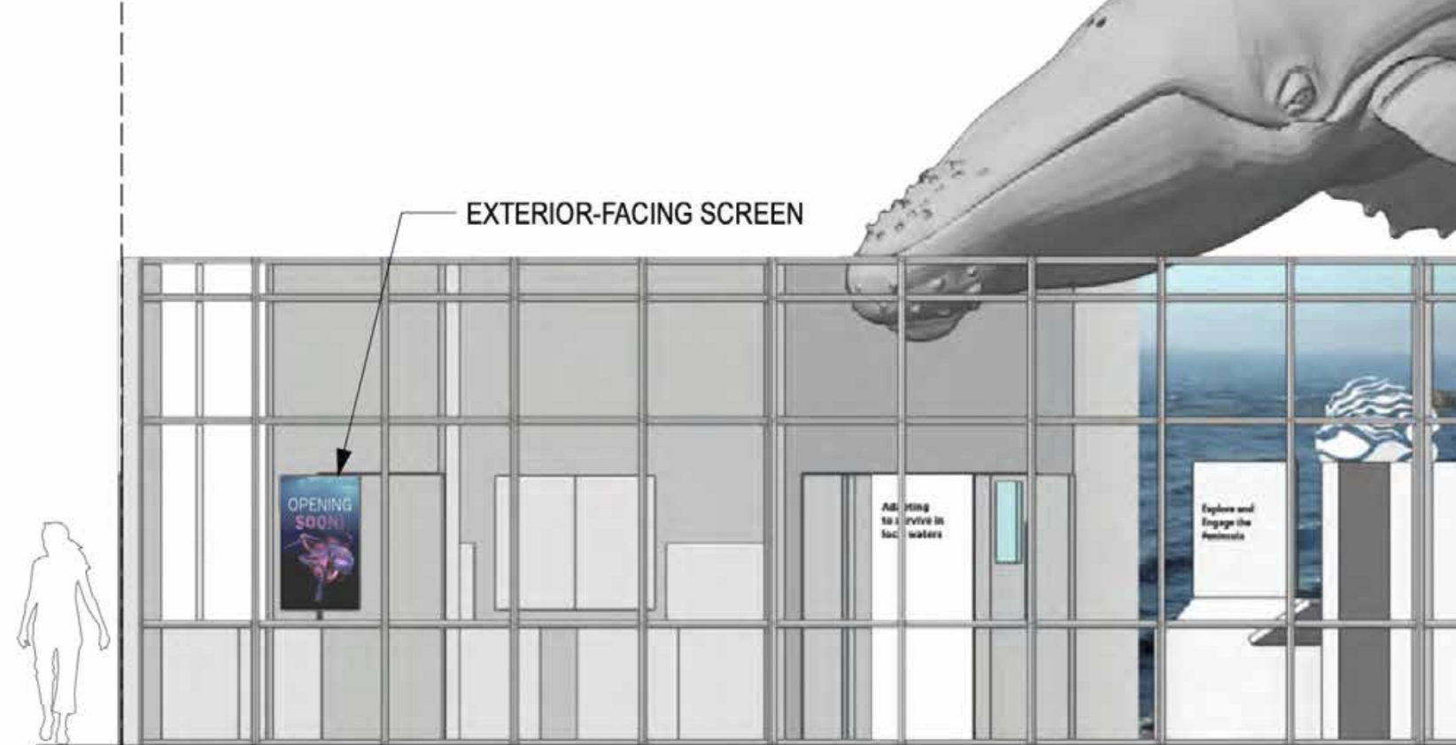 Architectural drawing of a building with a large whale sculpture extending from the roof, exterior-facing glass screen, and signs indicating an exhibit about ocean exploration and engagement.