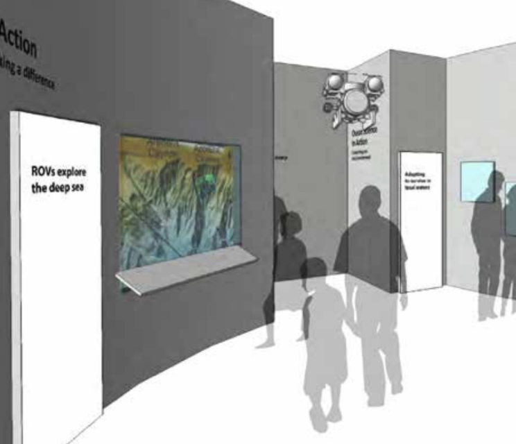 Museum exhibit about exploring the deep sea, featuring informational signs, a display of deep-sea creatures, and people observing the exhibits.