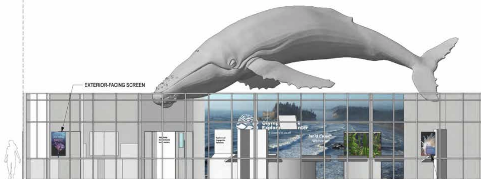 Design plan for a whale exhibit with a large whale model above a glass enclosure, which features an exterior-facing screen and an image of ocean waves.
