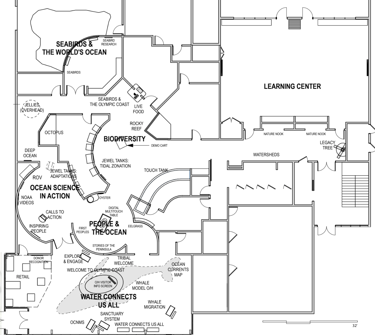 Floor plan of an educational or research facility, showing rooms with exhibit titles such as 'Ocean Science in Action', 'People & the Ocean', and 'Biodiversity', along with various labeled sections and features.