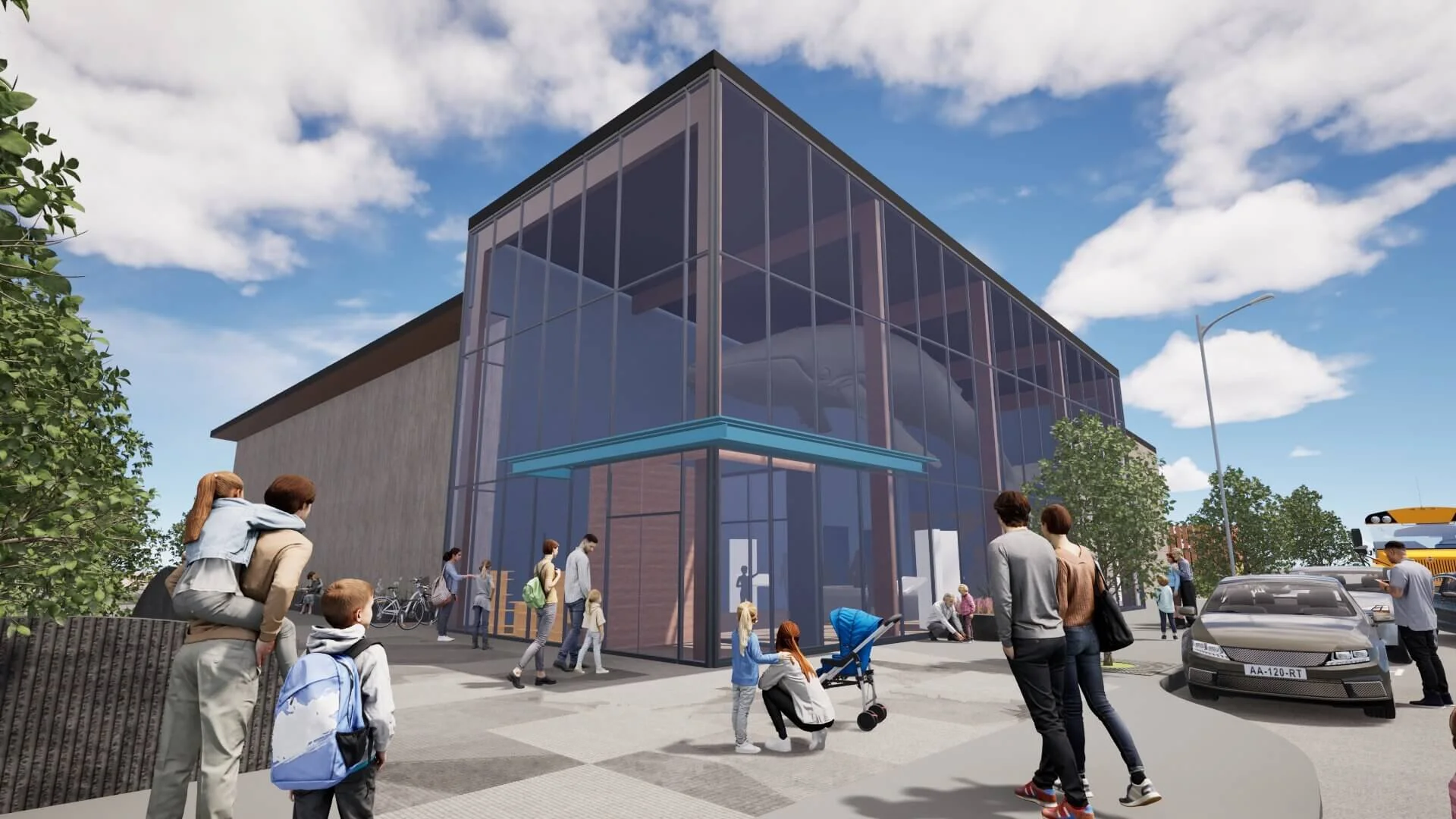 People walking and gathering outside a modern glass building with a large interior space and a parked sports car in the foreground.