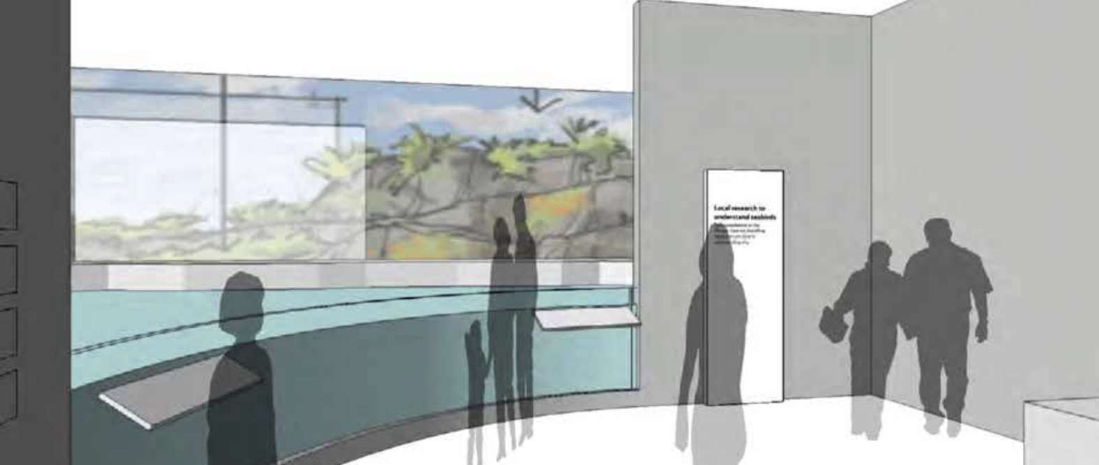 A museum exhibit with a large window showing a landscape view, silhouettes of people observing and walking, informational panels on the walls.