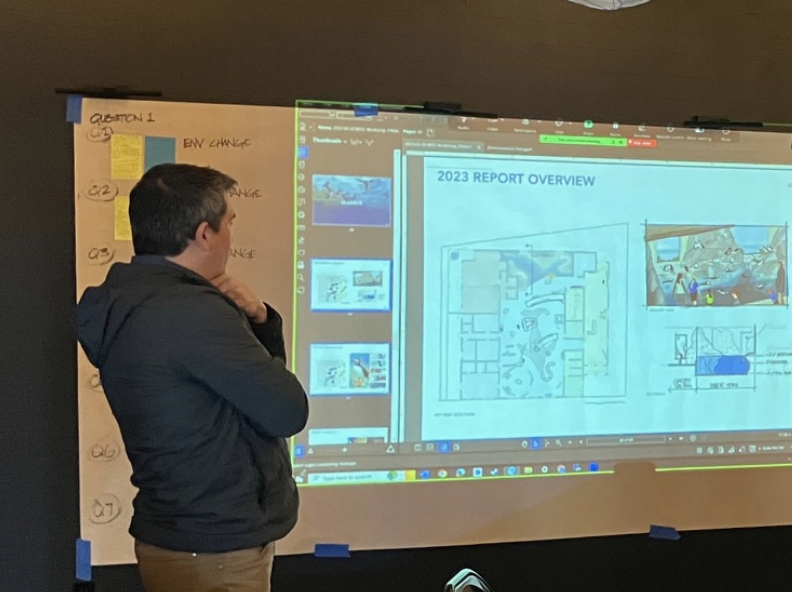 Man in black hoodie standing and examining a presentation slide projected on a wall, showing a 2023 report overview with floor plans and images.