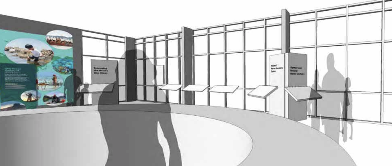 Museum exhibit with informational panels, display cases, and shadowed visitors viewing the display.