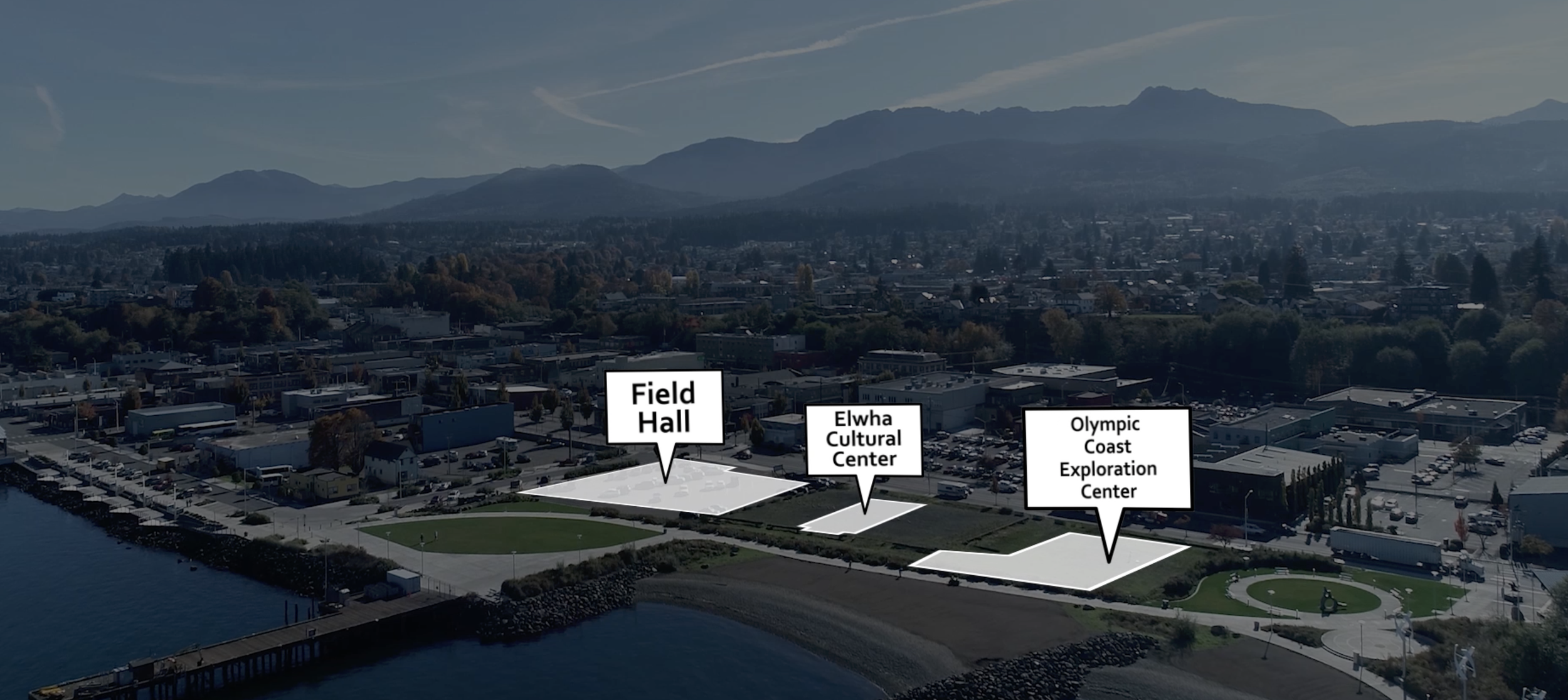 Aerial view of a waterfront park with three labeled buildings: Field Hall, Elwha Cultural Center, and Olympic Coast Exploration Center, with mountains in the background.