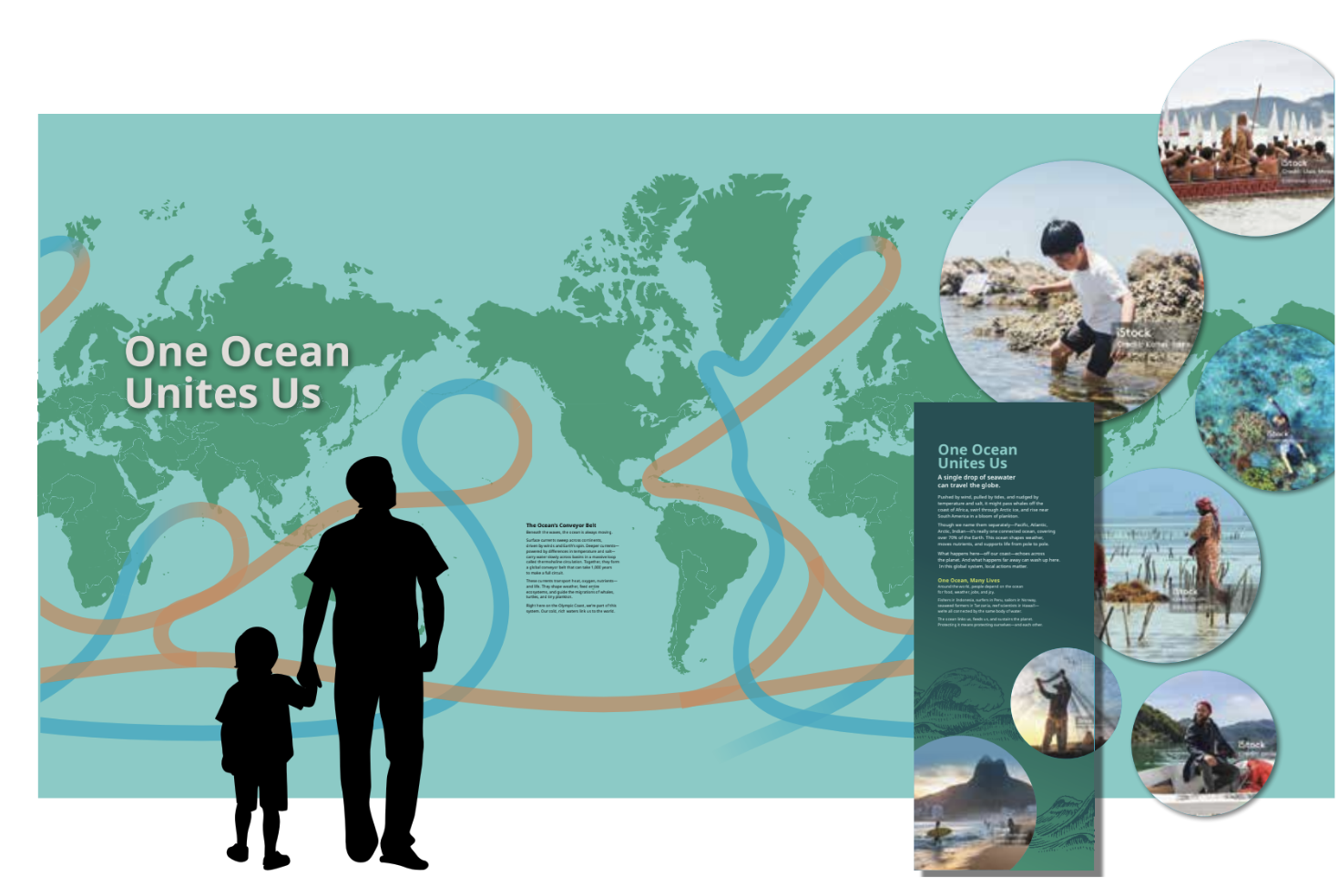 A world map with a silhouette of an adult and child holding hands in front, overlaid with text "One Ocean Unites Us" and various circular images of ocean scenes and activities such as swimming, diving, and boating.