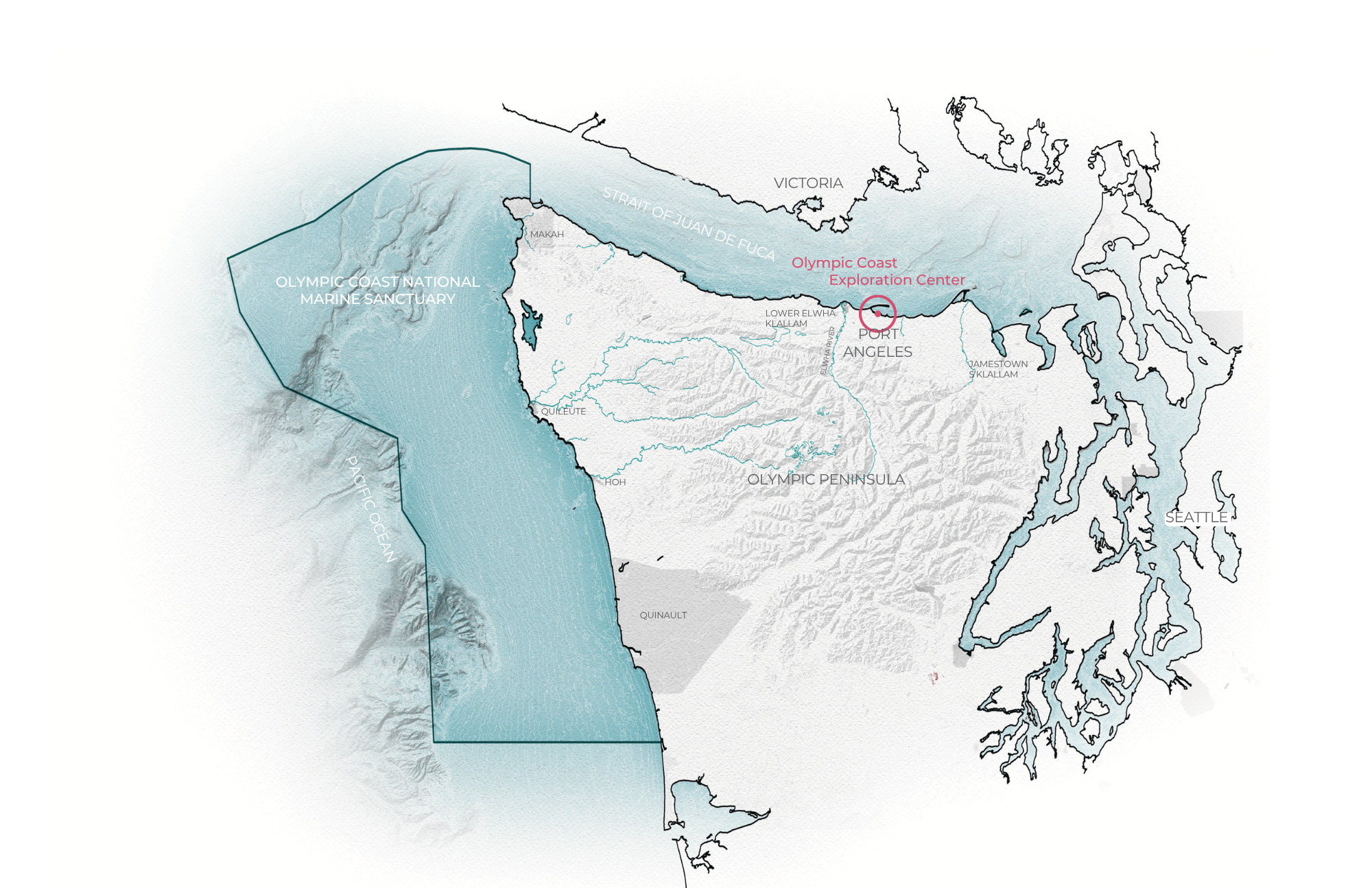 Map of the Olympic Peninsula in Washington State highlighting the Olympian Coast National Marine Sanctuary, the Strait of Juan de Fuca, and the Olympic Coast Exploration Center near Port Angeles.
