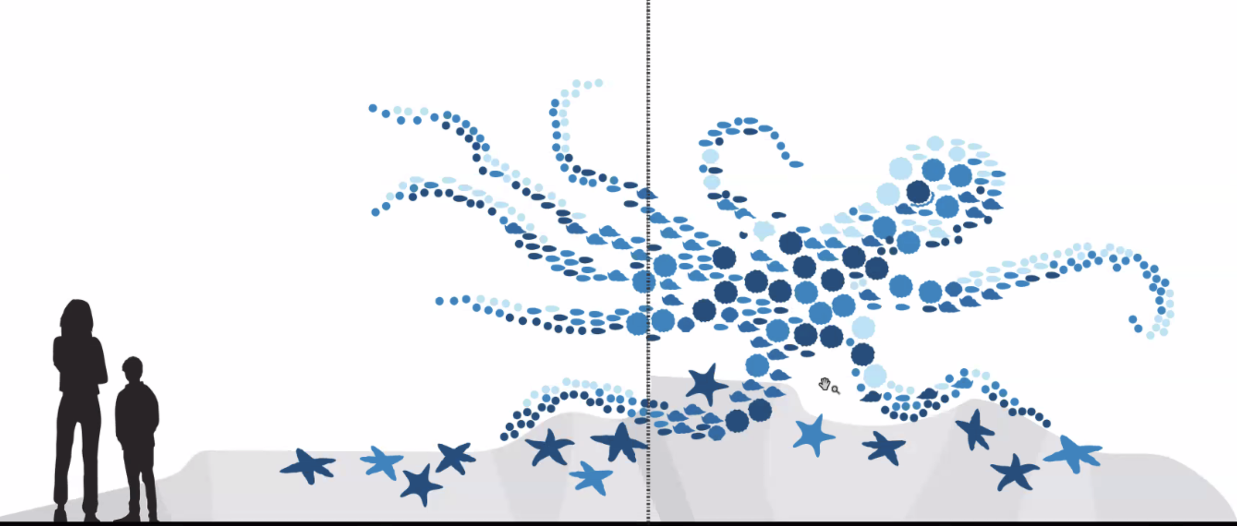 Silhouettes of a woman and a boy standing next to each other on the left side, with a large abstract starfish made of blue dots and star-shaped elements in the background, on a white background.