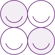 Cuatro personajes dibujados con caras sonrientes, dos con cabello blanco y dos con cabello oscuro.