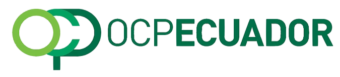 Logotipo de OC Ecuador con letras en verde y azul, y un diseño gráfico de cadenas en tonos verdes.