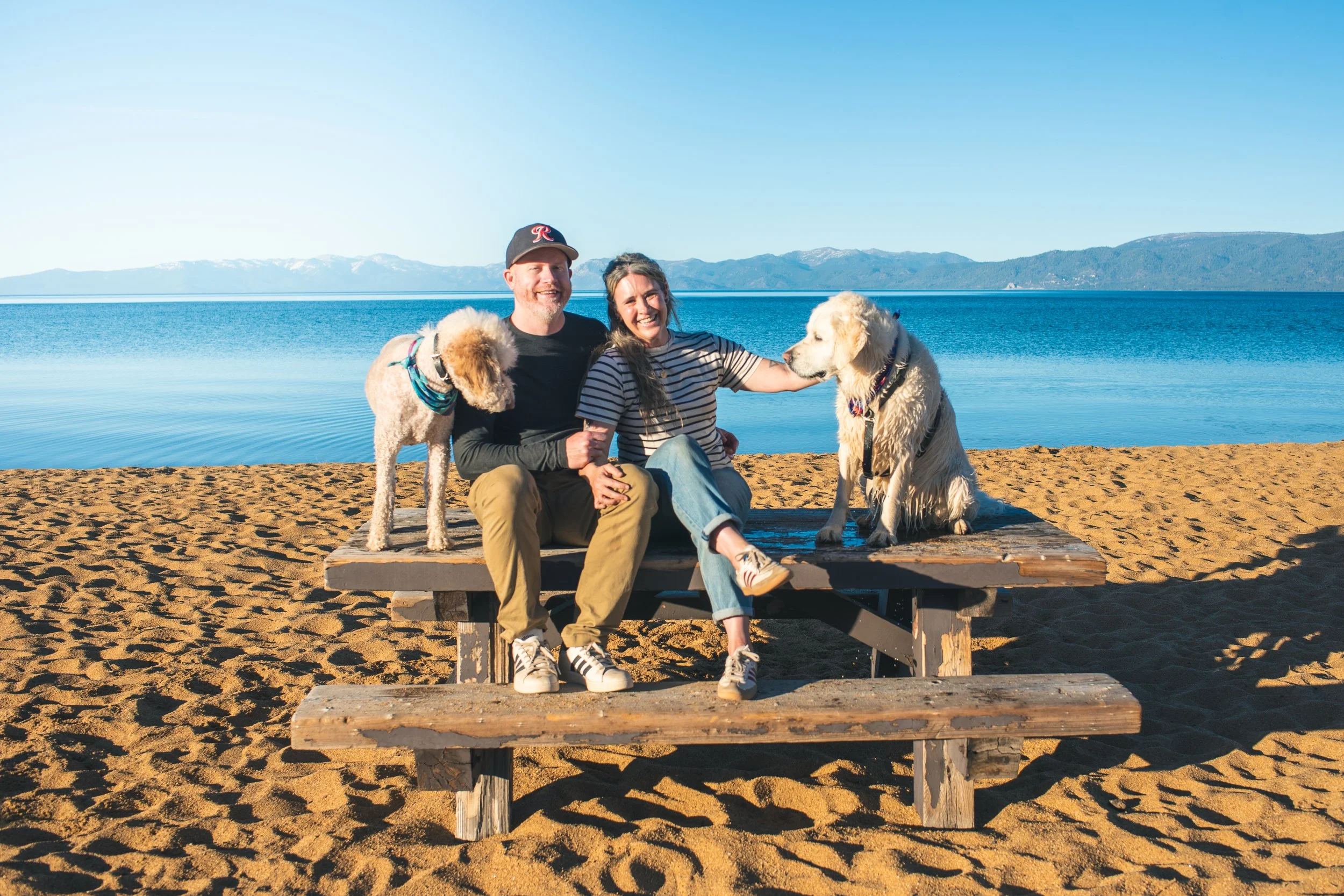 Couple with 2 dogs sitting on the beach