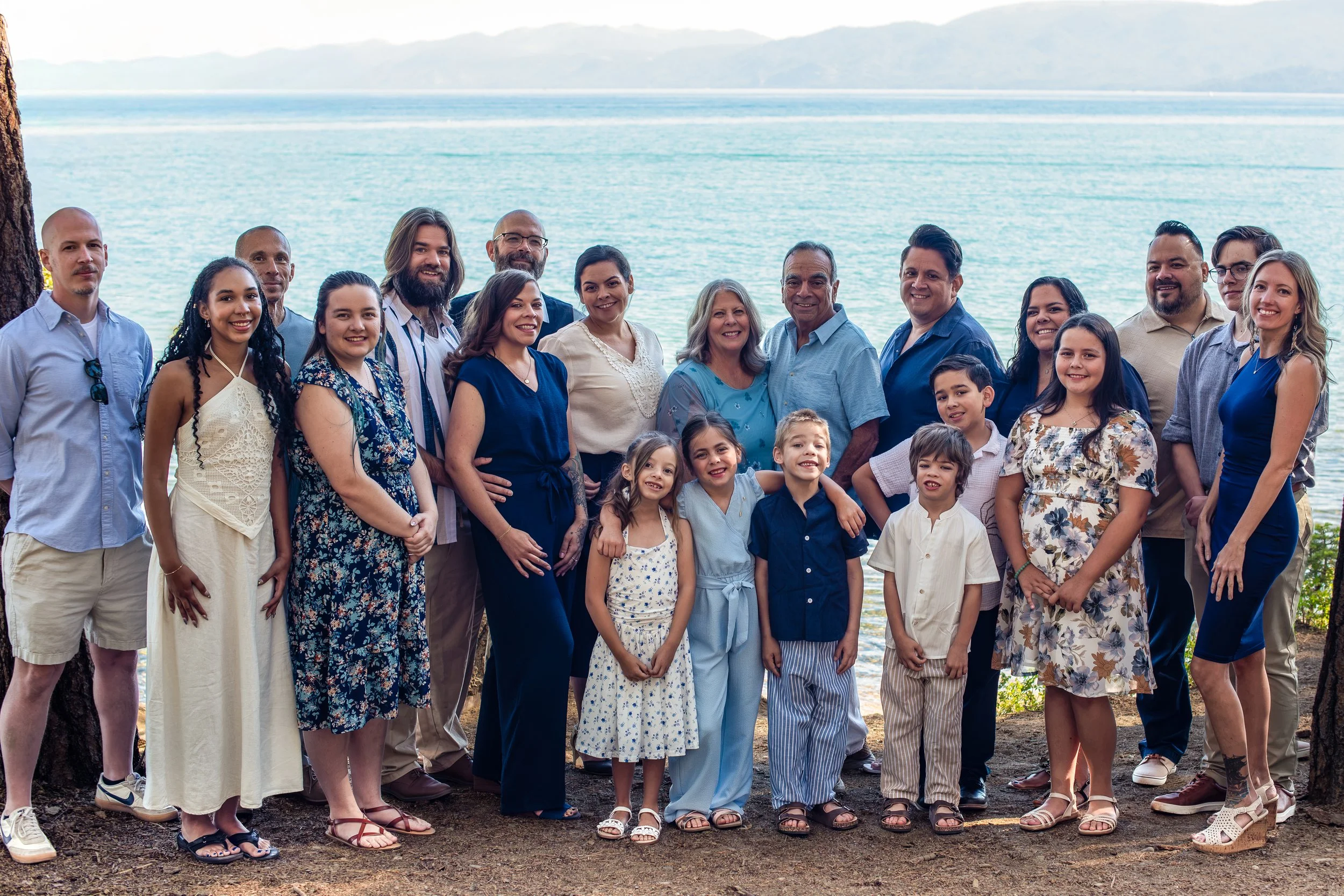 Extended family in front of Lake Tahoe