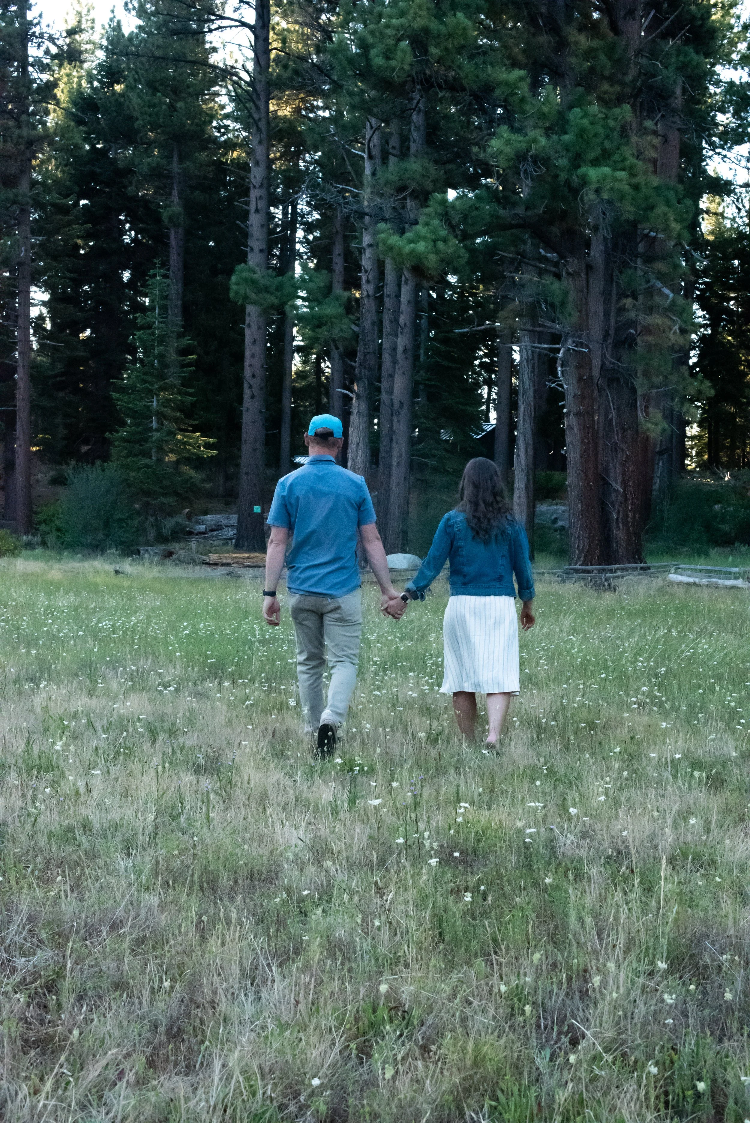 Couple walking through a meadow holding hands