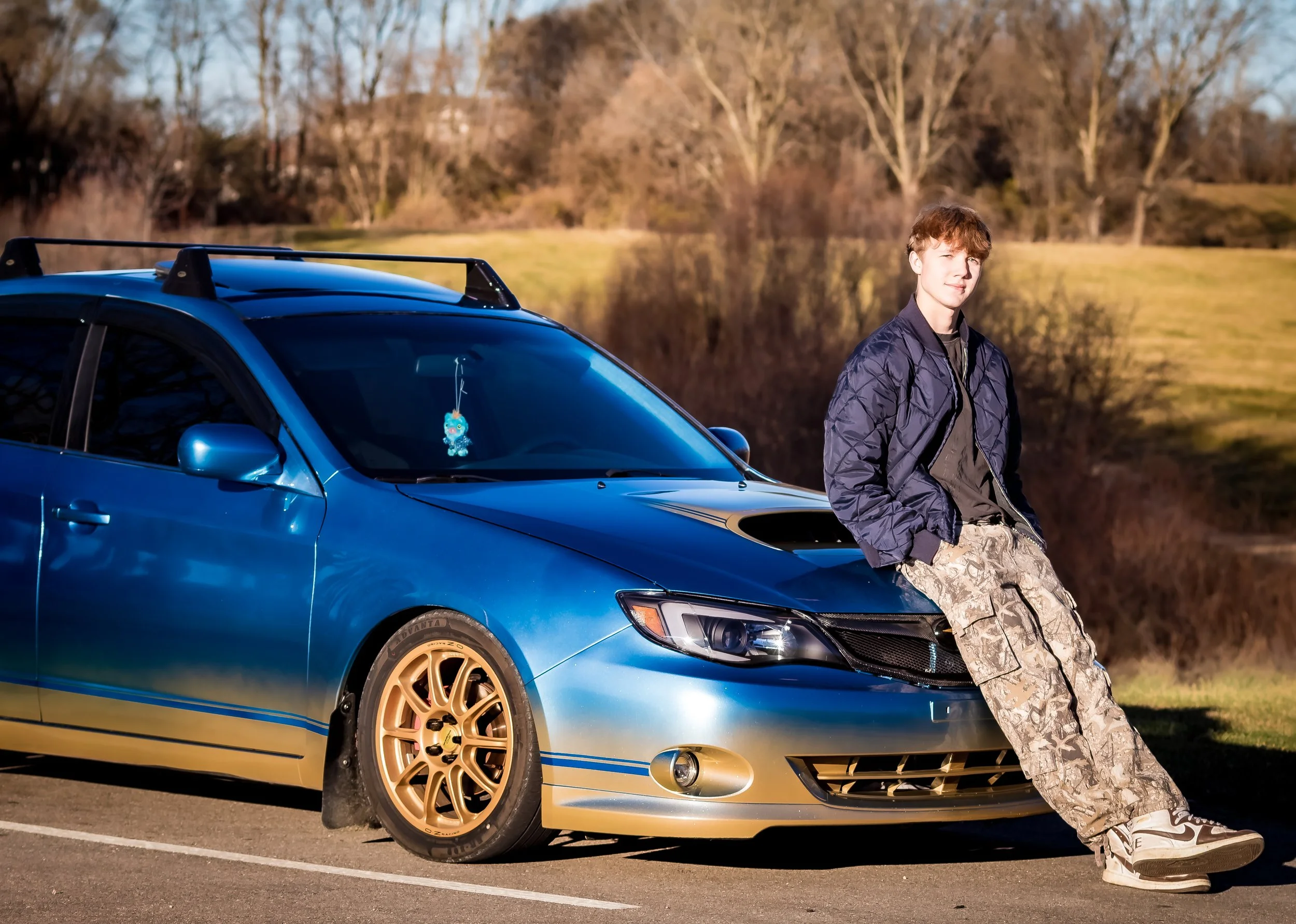 Senior session with young man and his car at Burke Town Hall Park, Madison WI