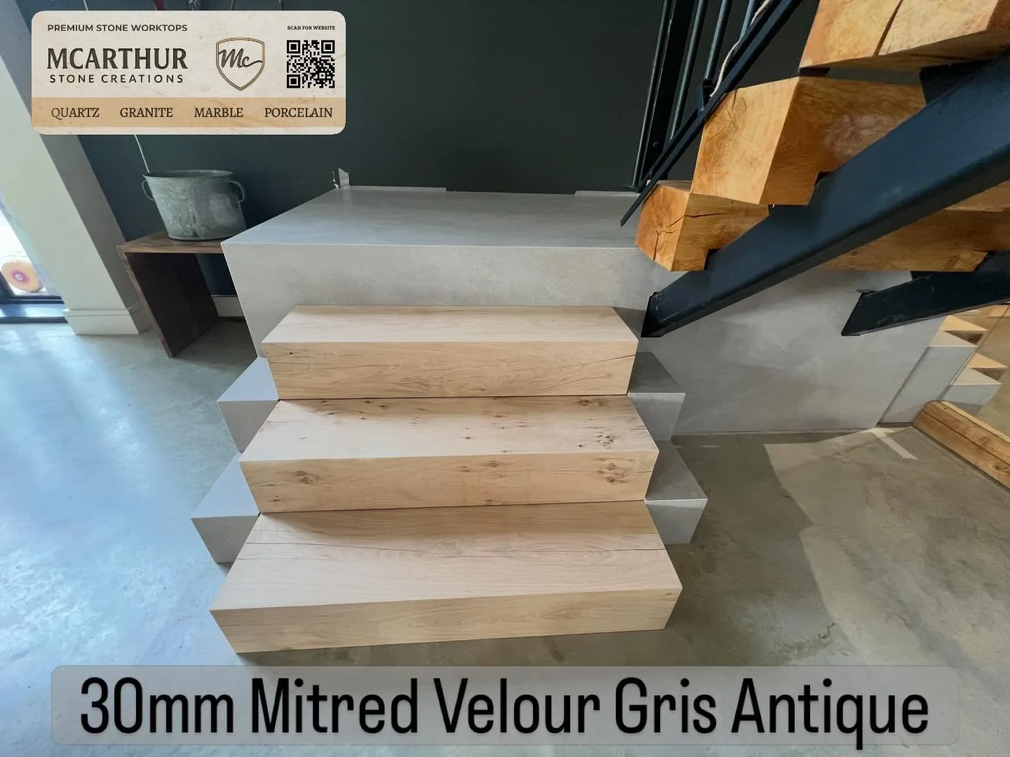 30mm Velour Gris. Mitred to give a solid concrete block effect #livingroom #staircase #Quartz #interiordesign #bespoke