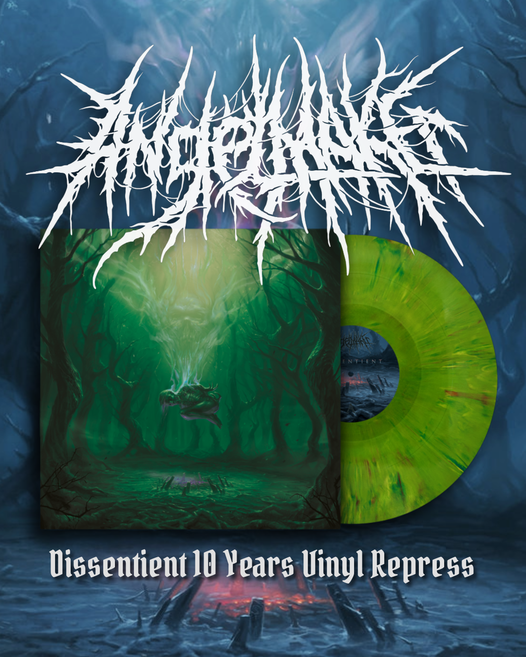 Artwork celebrating Dissentient's 10 years with a green and black vinyl record, band logo, and album cover featuring a dark forest scene with a floating creature.