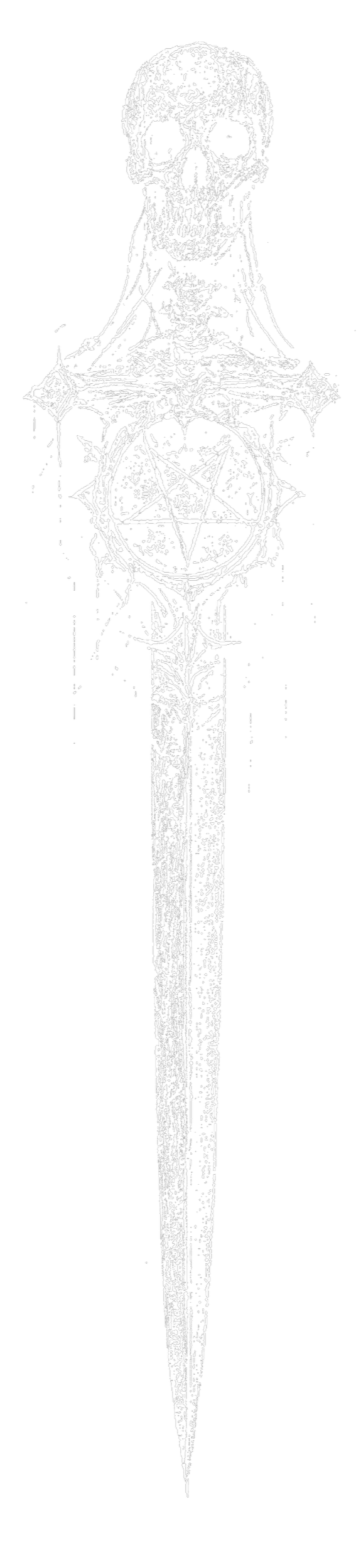 A black and white illustration of a skull with a barbed sword, featuring a pentagram and occult symbols.