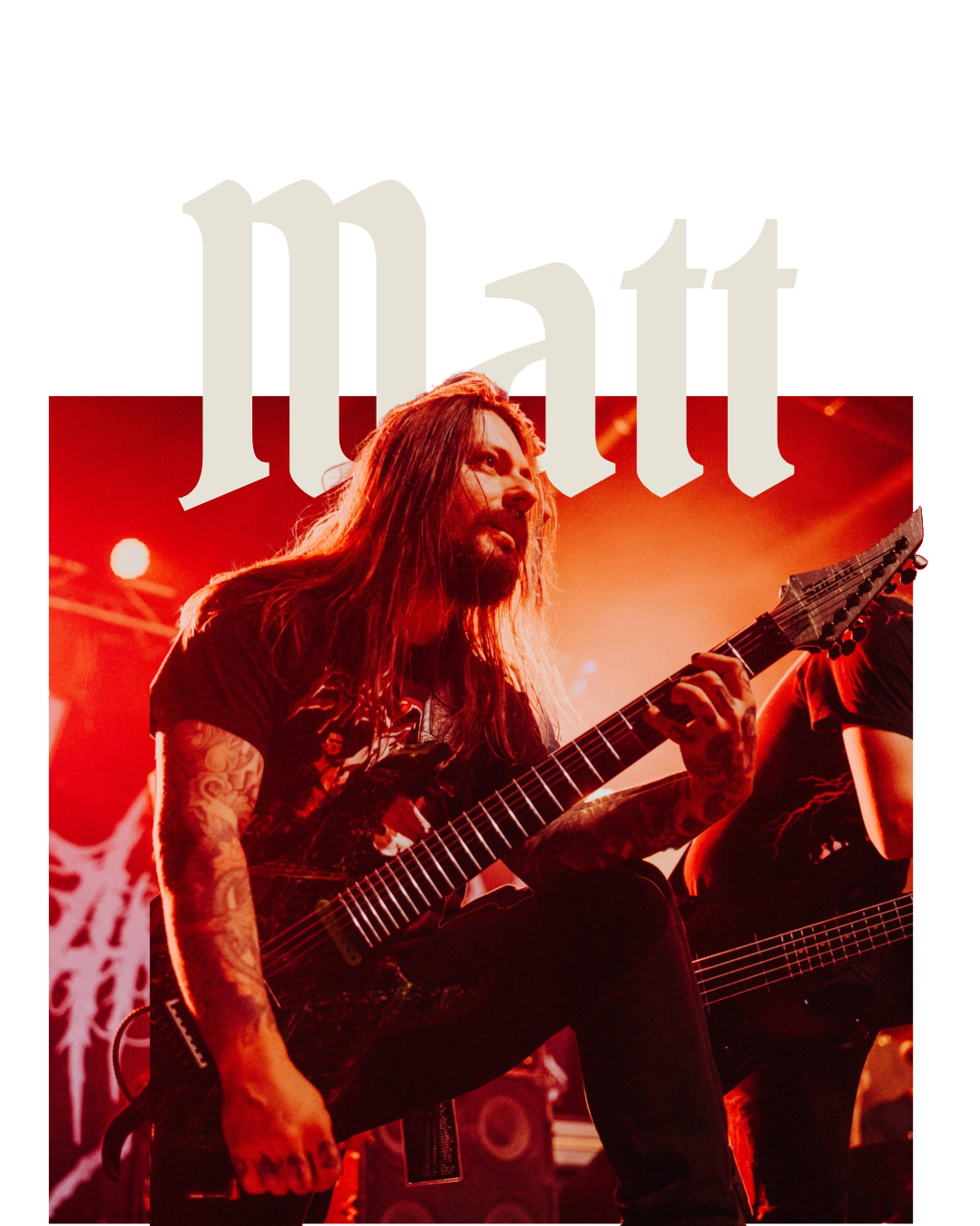 Musician with long hair and tattoos playing an electric guitar on stage during a concert with red lighting and 'Metal' text overlay.