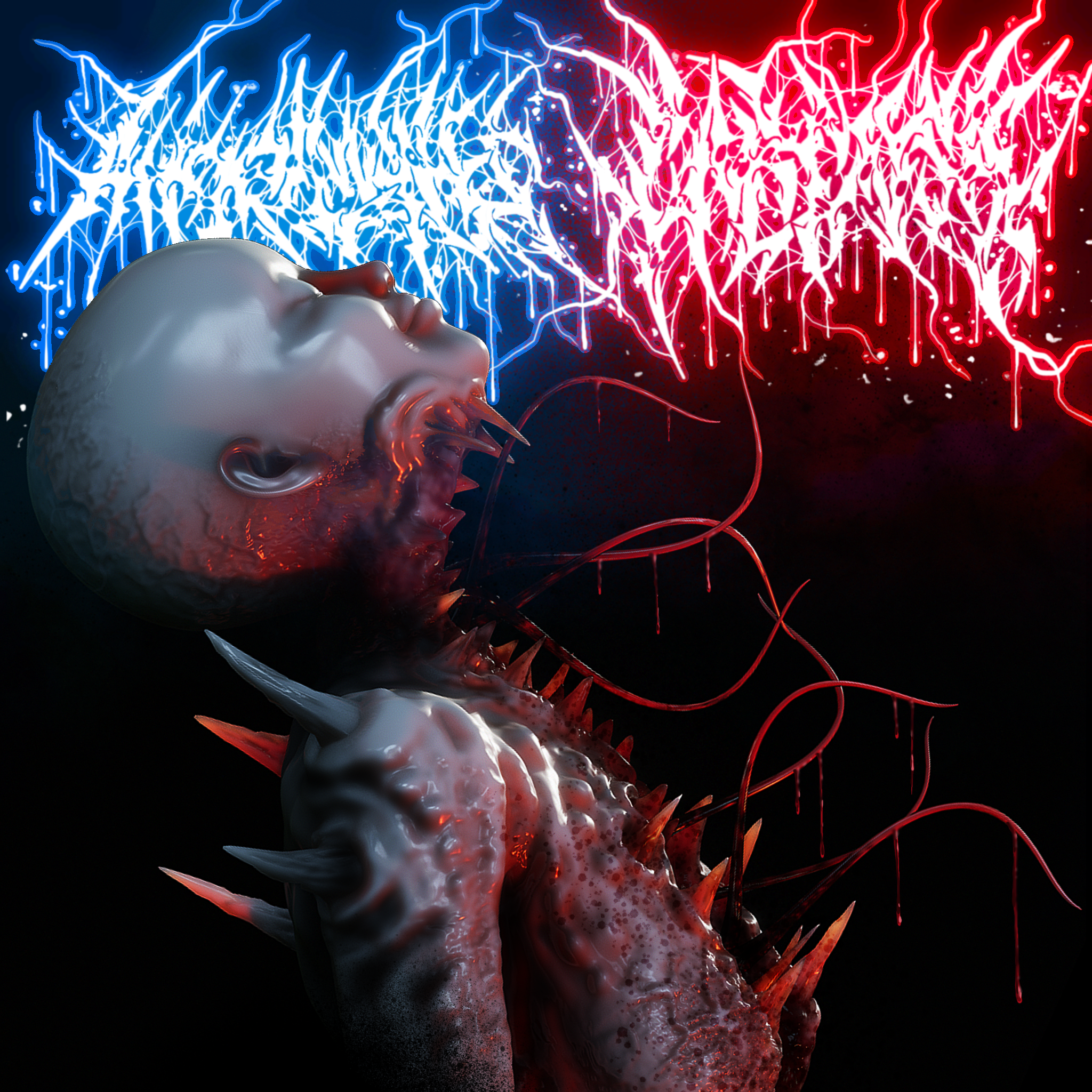 A surreal, digital artwork featuring a humanoid figure with a distorted face, sharp spikes, and flowing red and black tendrils. Neon lights form abstract, illegible band logos in the background.