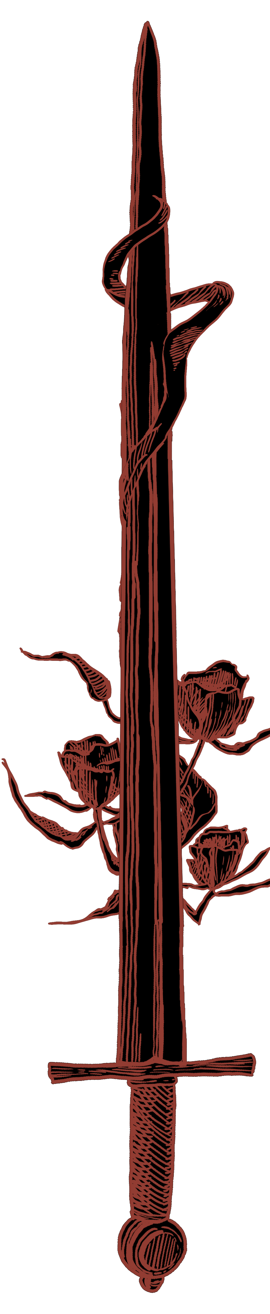 A vintage illustration of a dagger with a decorative handle, surrounded by roses.