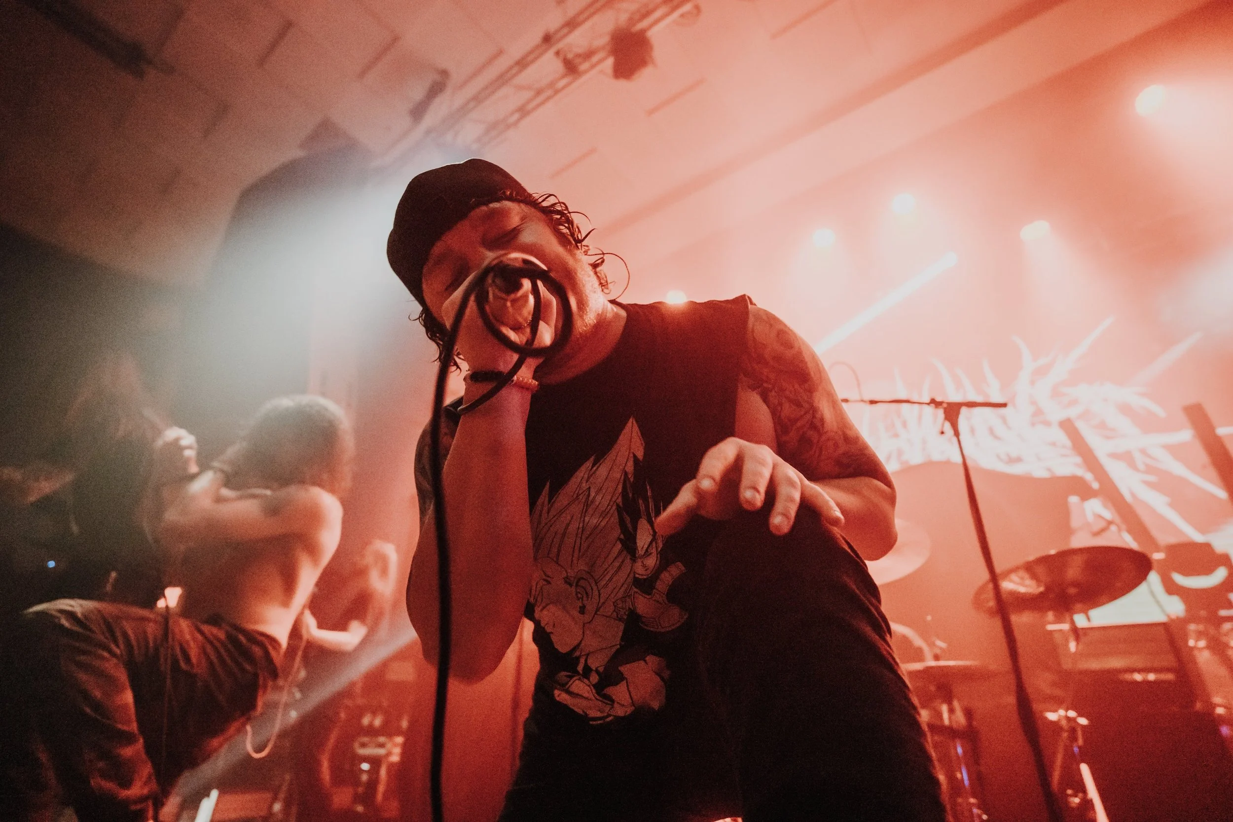 Lead singer performing passionately on stage during a concert, holding a microphone close to their mouth with a red and orange lighting atmosphere, and fans dancing in the background.