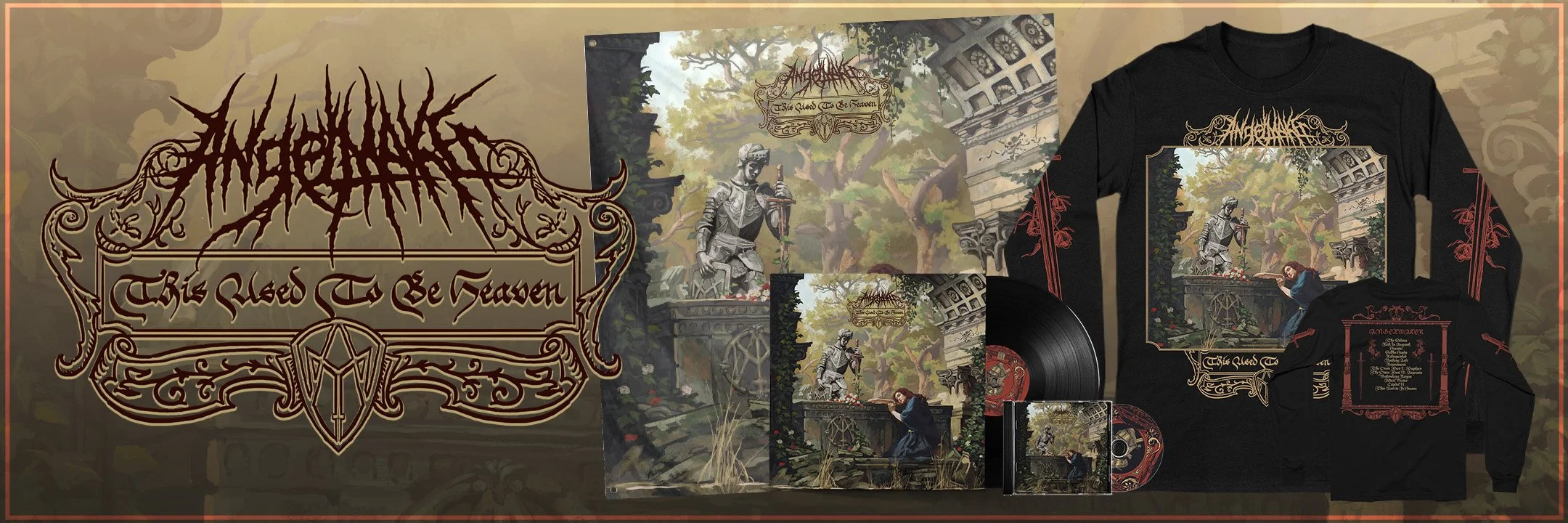 Band merchandise including a T-shirt, CD, vinyl record, poster, and album cover art for the band 'The Queen To Be Fallen', featuring artwork of a statue and a woman in a garden setting with ornate decorative framing.