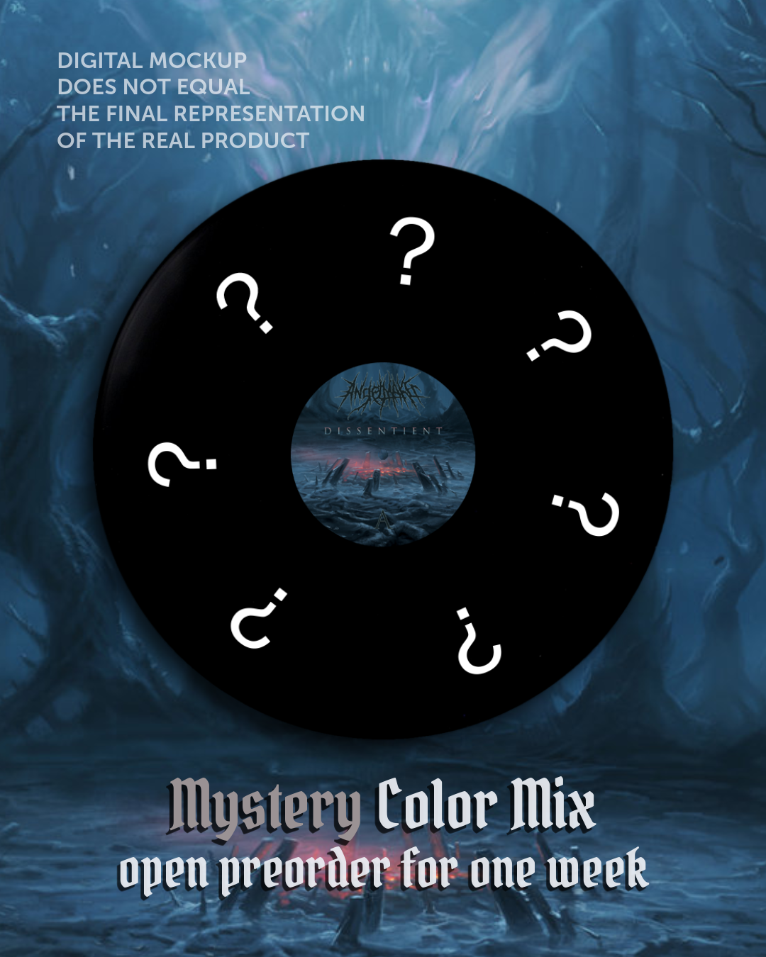 Promotional graphic for a seasonal music album titled "Mystery Color Mix" with a central black vinyl record featuring question marks around it. The background shows an icy, glacier-like landscape with a small, dark scene at the center. Text indicates it's a digital mockup, not the final product, and the album is available for pre-order for one week.