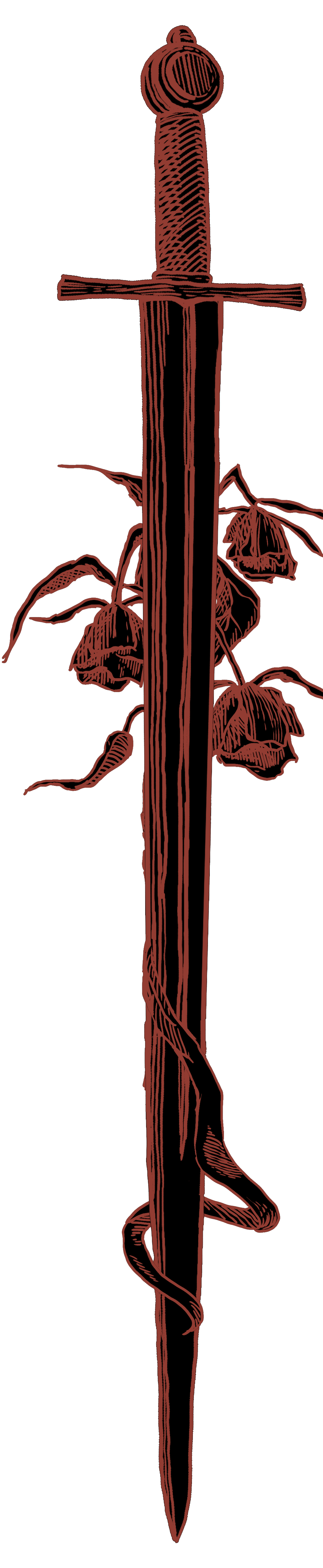 Illustration of a sword stabbed into the ground amidst withering roses on a black background.