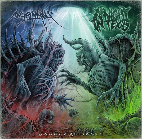 Artwork depicting two monstrous, undead-like creatures with skulls and horns facing off amid a dark, foggy landscape with scattered skulls and bones. The top corners have band logos, and the album title 'Unholy Alliance' is at the bottom.