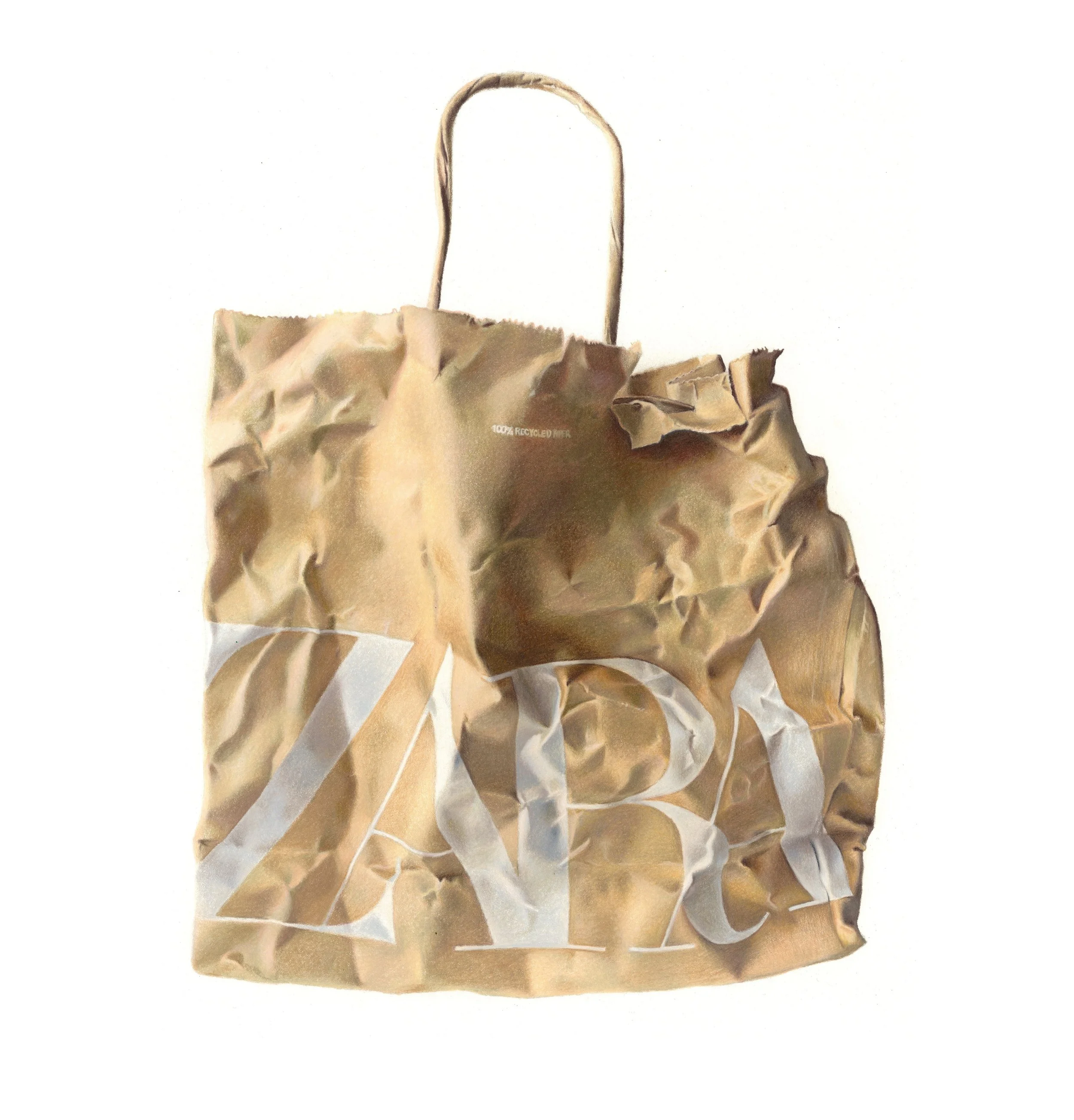 Hyperrealism coloured pencil drawing of a Zara shopping bag, by Connor Hornby