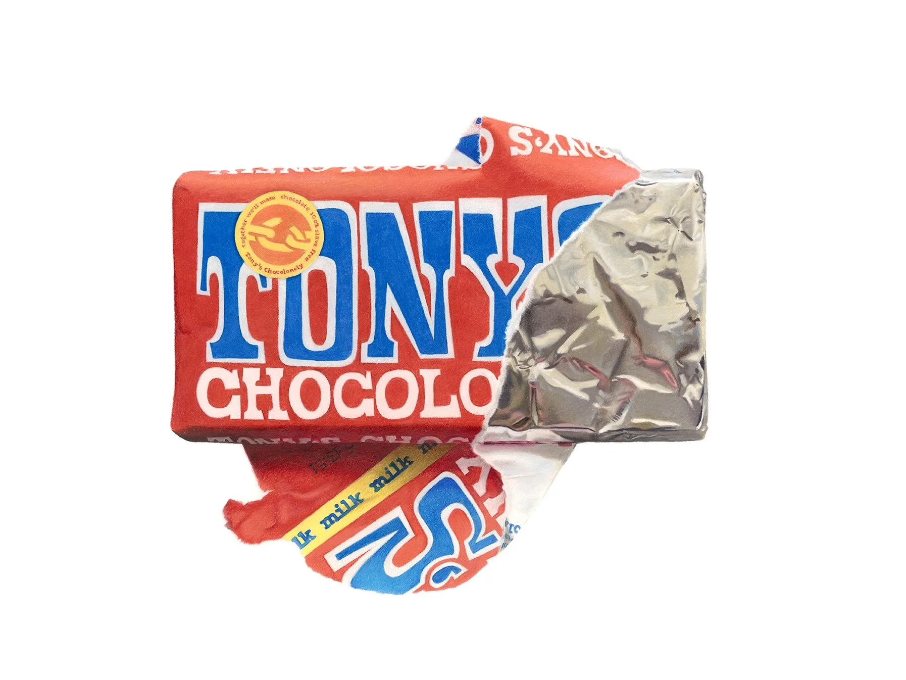 Hyperrealism coloured pencil drawing of a Tony's Chocolonely chocolate bar, by Connor Hornby