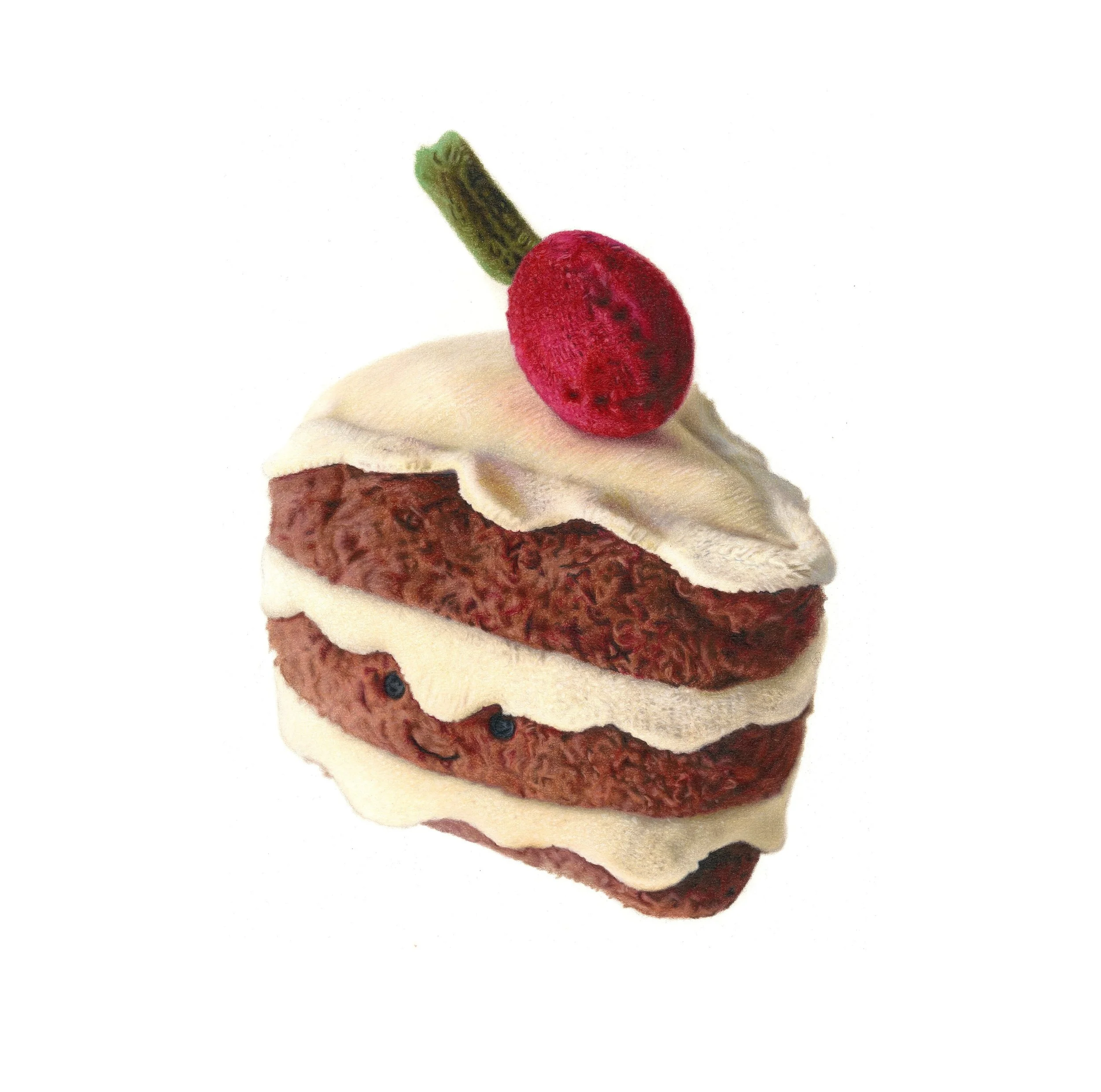 Hyperrealism coloured pencil drawing of a plush Jellycat cake, by Connor Hornby