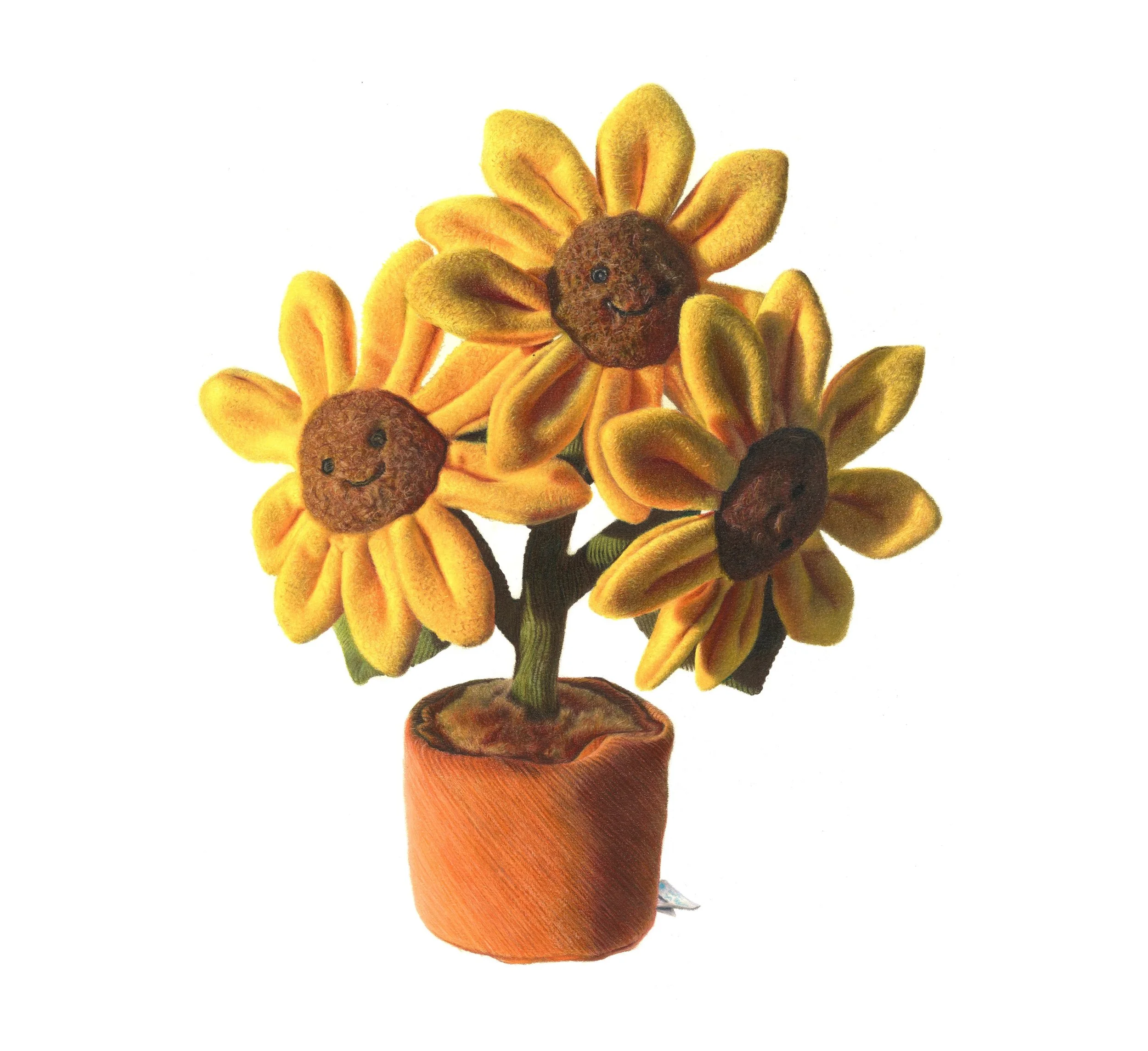 Hyperrealism coloured pencil drawing of plush Jellycat sunflowers, by Connor Hornby