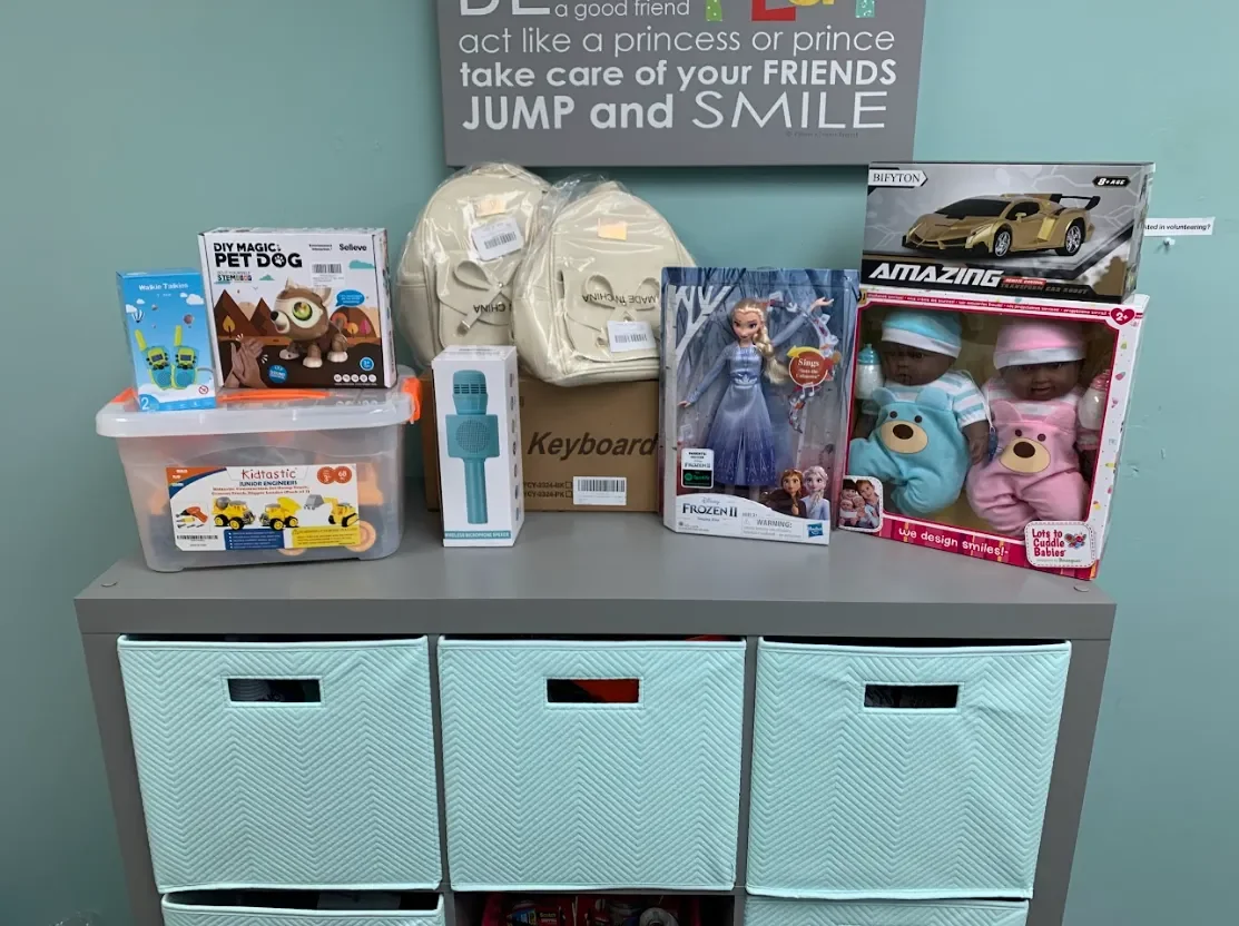 Toys on top of shelving with blue bins
