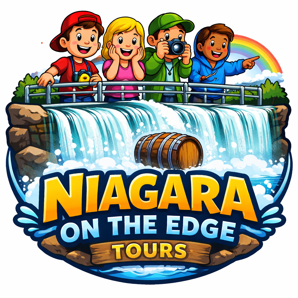 Four children stand on a viewing platform overlooking Niagara Falls, with a rainbow in the background. One boy is pointing, a girl is smiling with her hands on her cheeks, and another boy is taking a photo with a camera. The scene is colorful and lively, promoting Niagara on the Edge Tours.