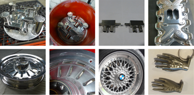 Collage of automotive parts including hubcaps, wheel rims, engine components, and gloves.