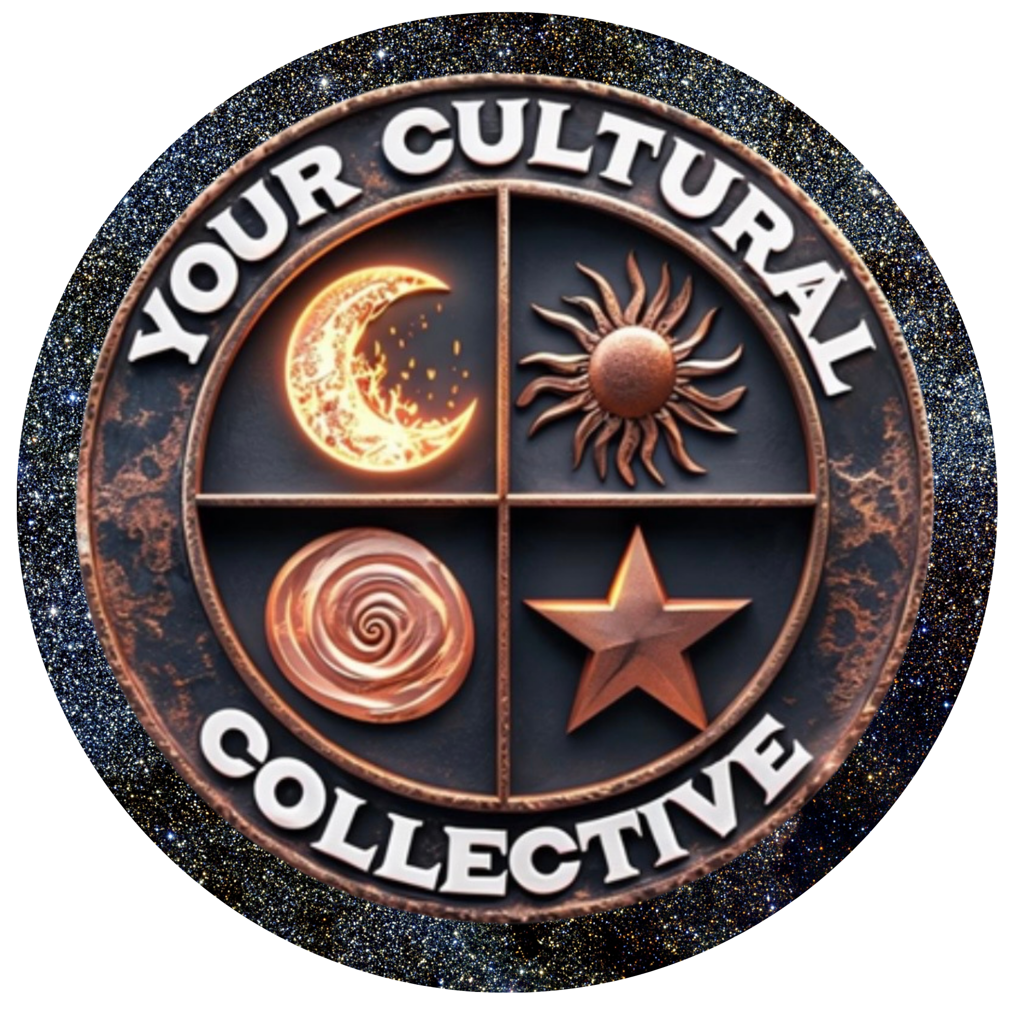 A circular emblem with the words 'Your Cultural Collective' surrounding four symbols: a crescent moon, a sun with rays, a spiral, and a star, set against a cosmic background.