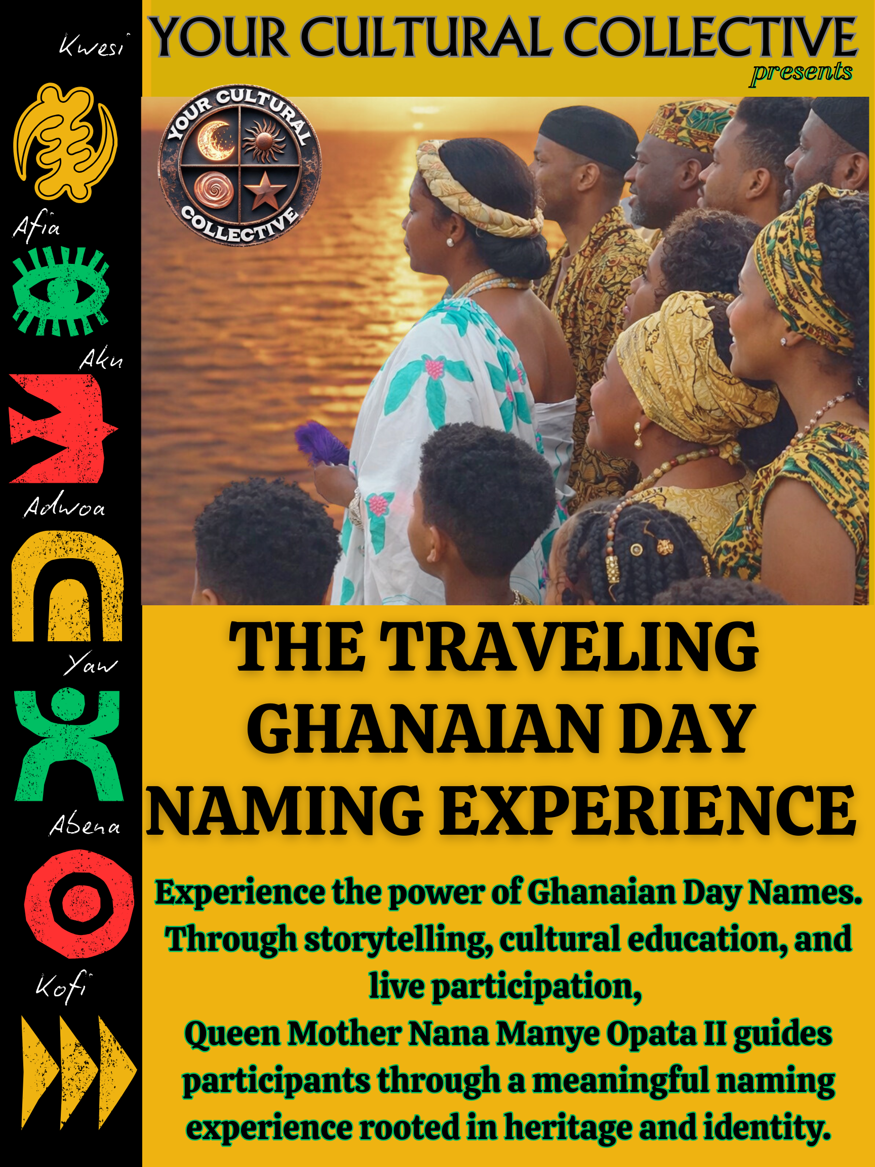 People dressed in traditional Ghanaian attire participating in a cultural event by a body of water during sunset, promoting Ghanaian Day naming experience organized by Your Cultural Collective.