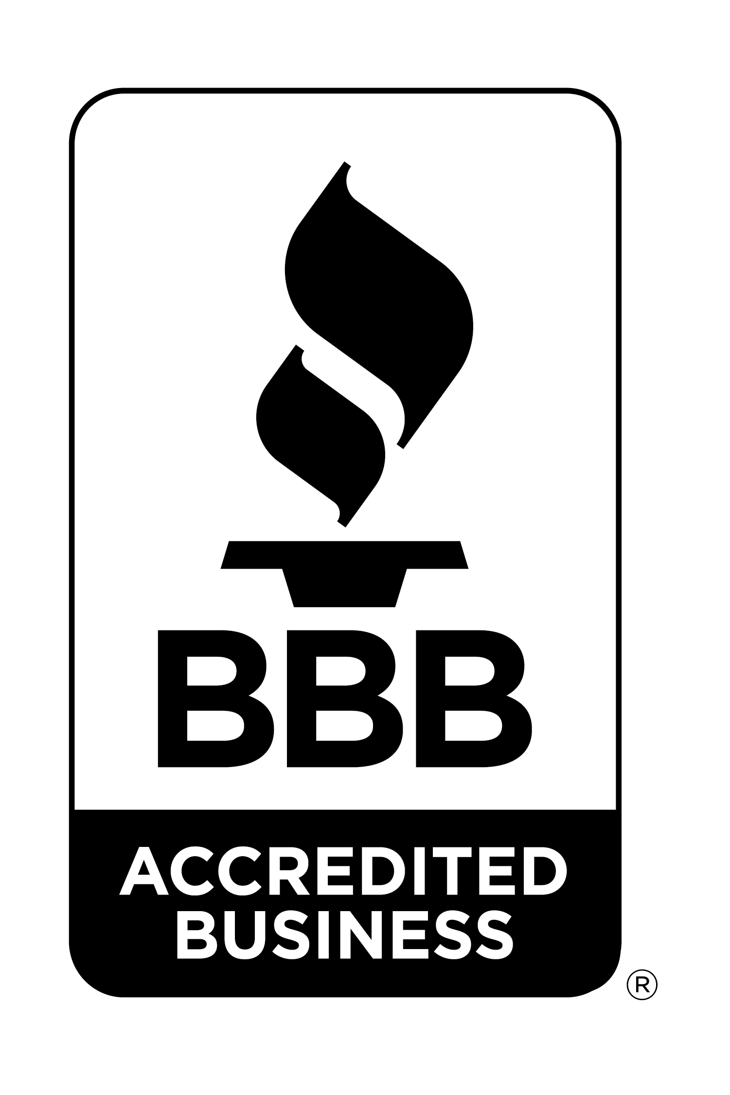 Black and white logo of BBB Accredited Business with a torch symbol at the top and text underneath.