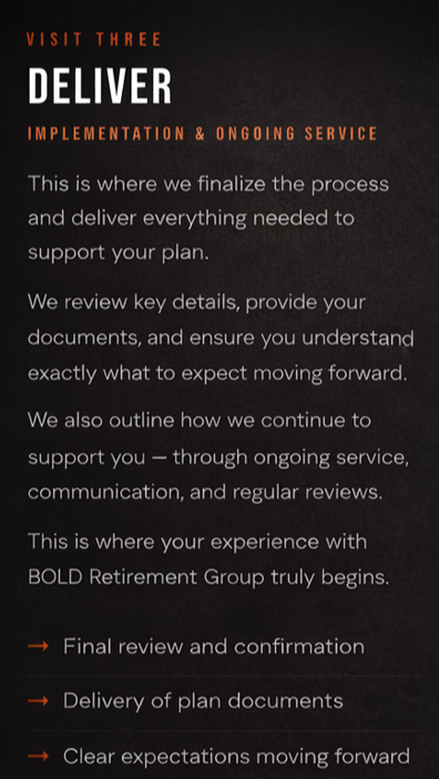 Implementation of a personalized retirement plan with clear income strategy, expectations, and ongoing support