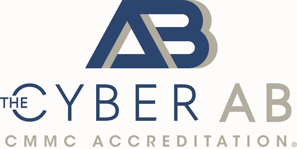 A logo featuring stylized letters AB above the words "THE CYBER AB" with smaller text "CMMC ACCREDITATION" beneath.