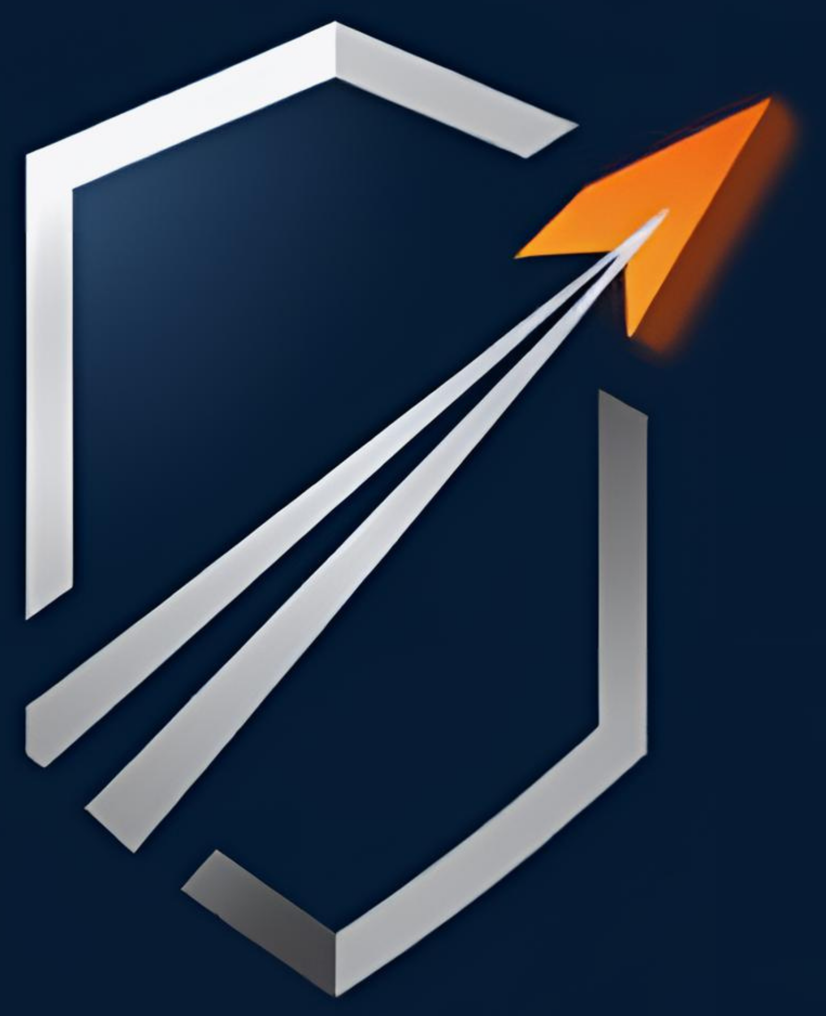 A stylized graphic of a shield with a dark blue background, featuring a white geometric outline and an orange paper airplane flying outward from the top right corner.