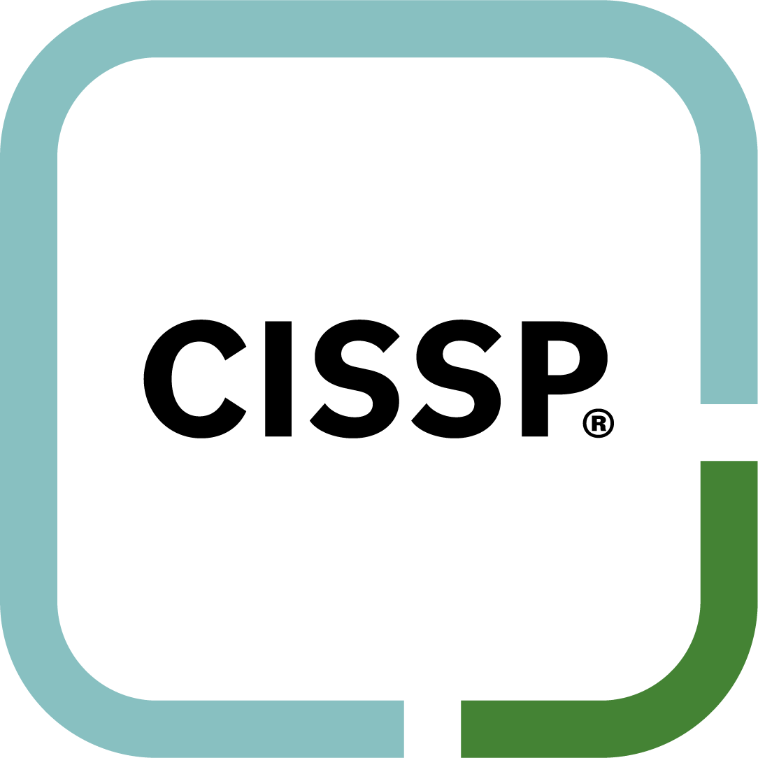 A simple logo with a black square inside a rounded square border divided into four parts with teal, dark gray, and green colors. CISSP. Certified information systems security professional. ISC2