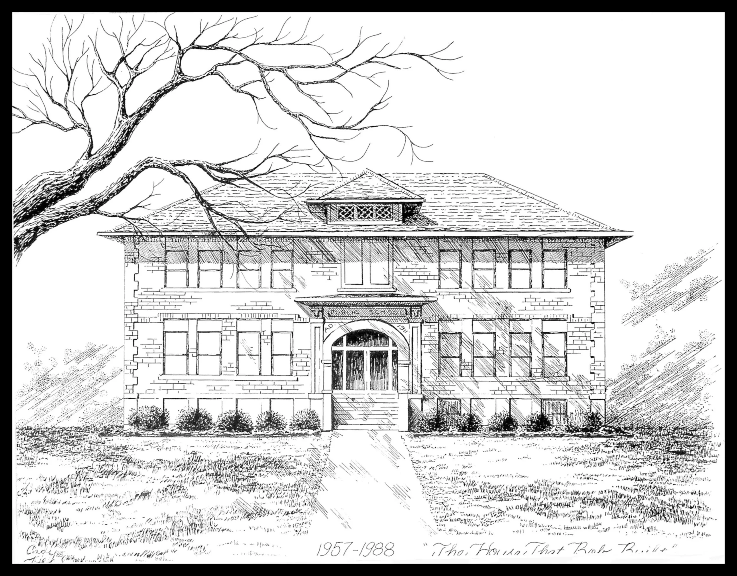 Sketch of a historic brick house with a gabled roof and a prominent arched front door, situated beneath a large, leafless tree, with a lawn in the foreground and what appears to be handwritten text and date at the bottom.